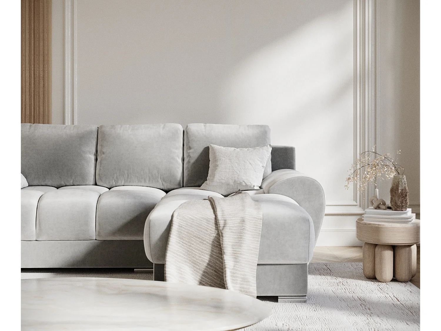 Canapé d'angle en tissu velours Peebles - 4 places - gris clair