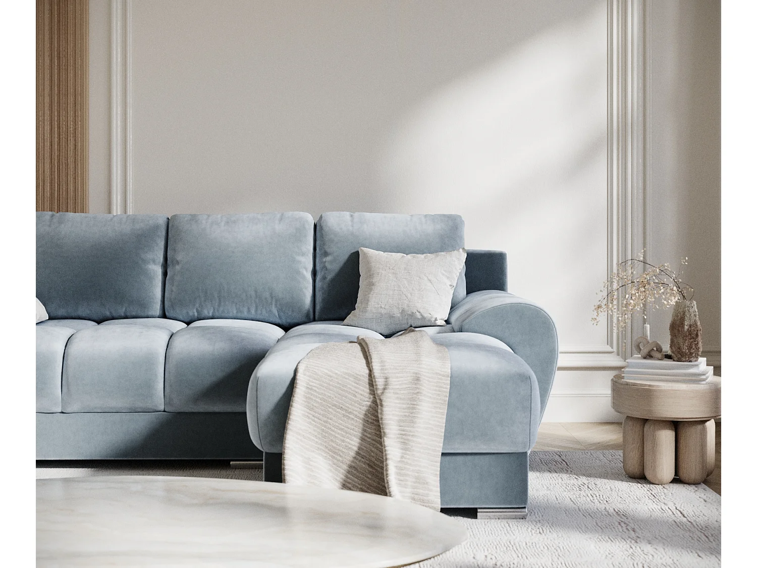 Canapé d'angle en tissu velours Peebles - 4 places - bleu