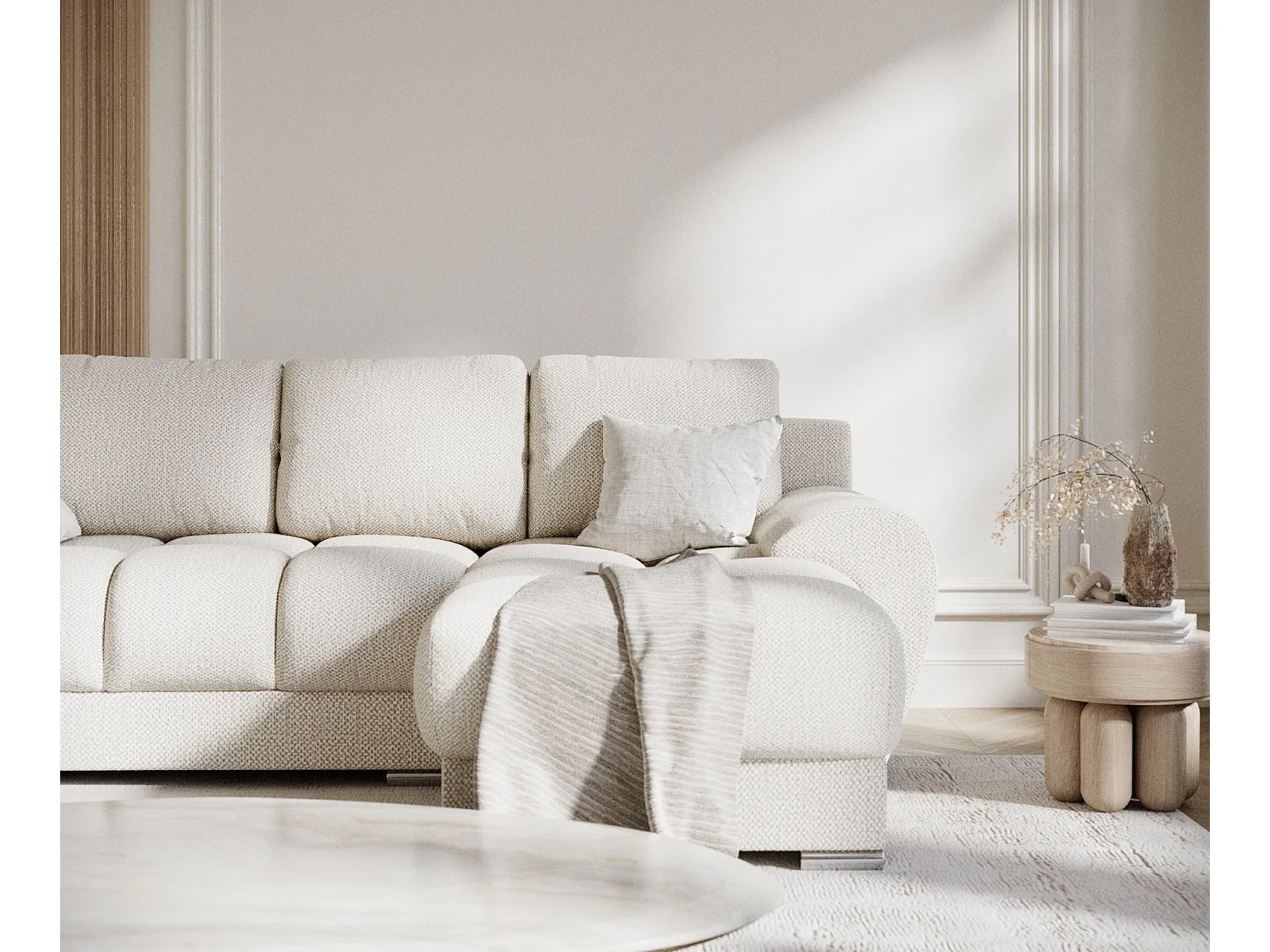 Canapé d'angle en tissu chenille Peebles - 4 places - creme