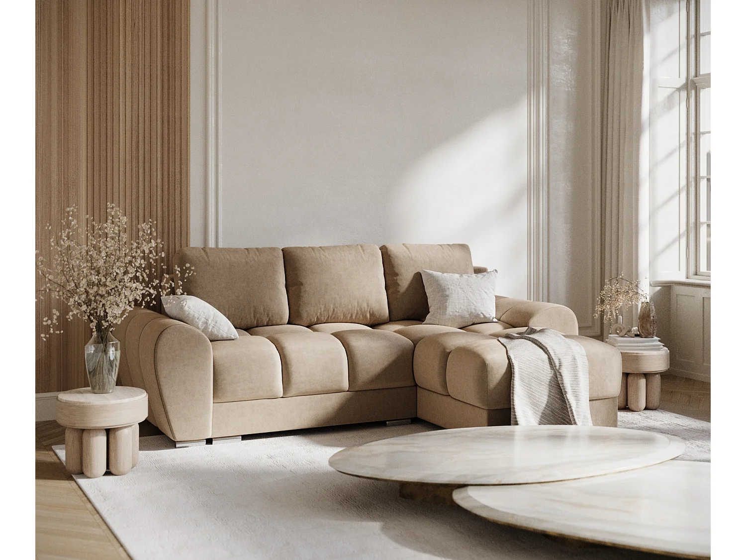 Canapé d'angle en tissu velours Peebles - 4 places - beige