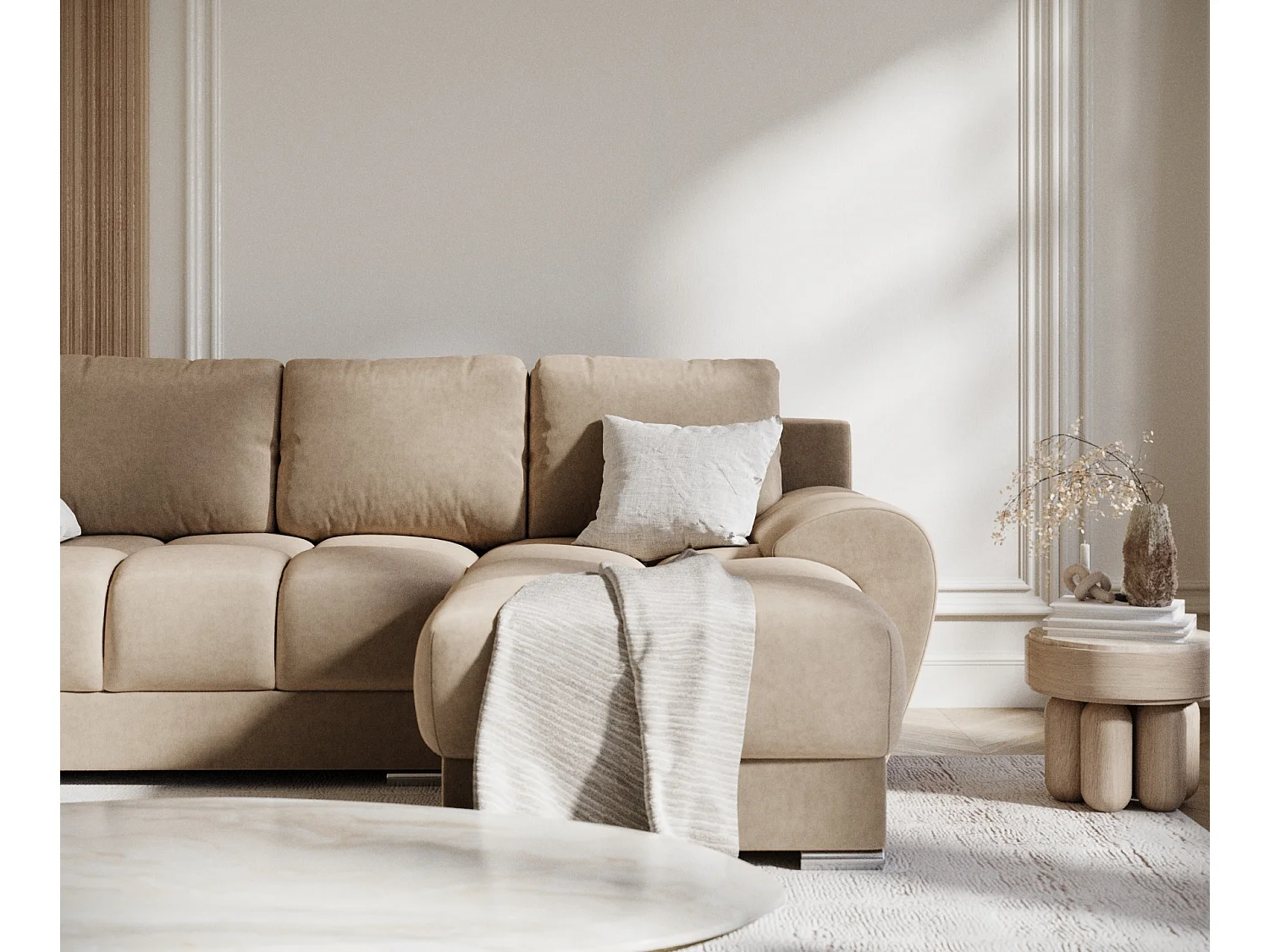 Canapé d'angle en tissu velours Peebles - 4 places - beige