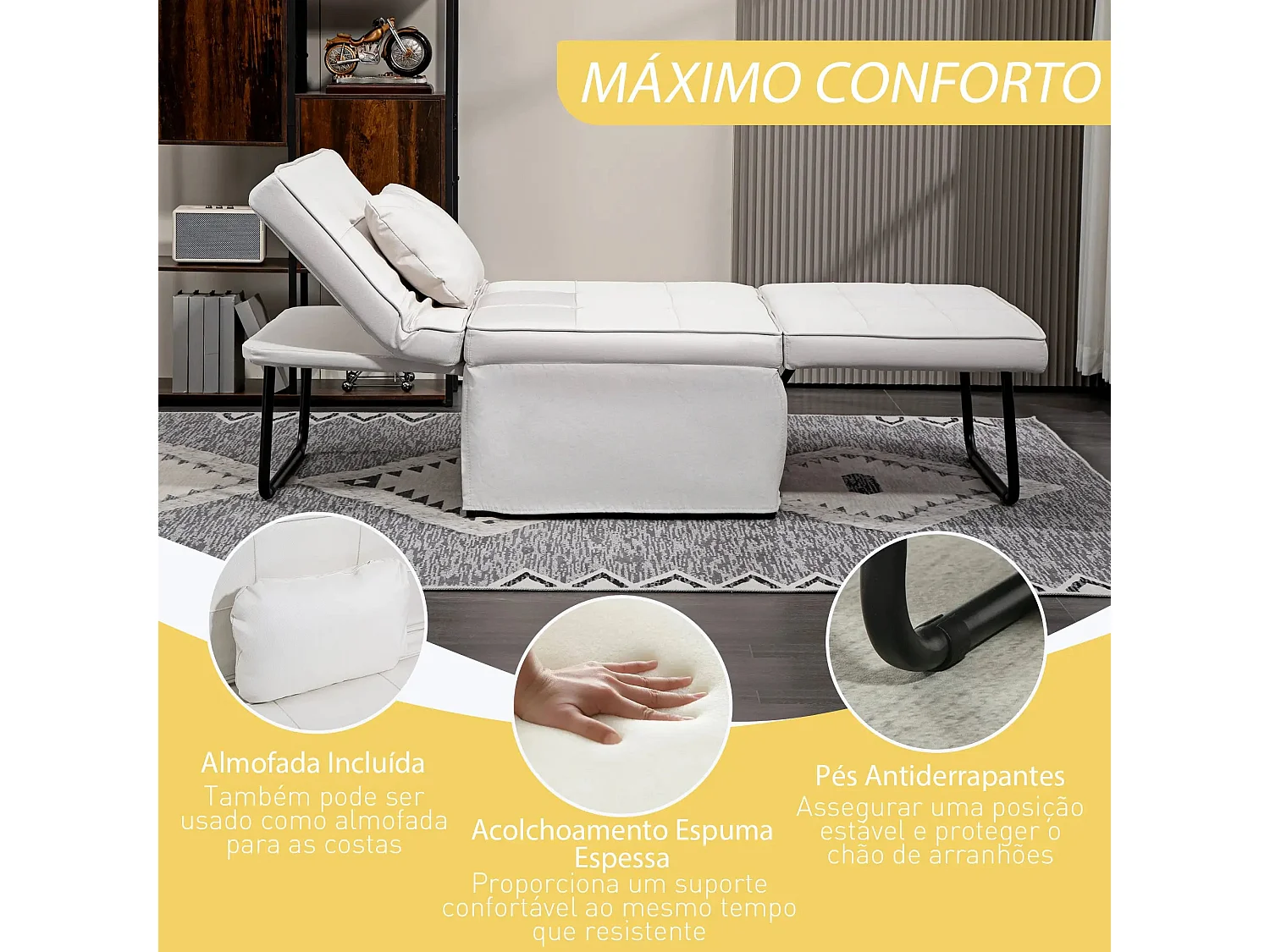 Sofá-Cama Multifuncional "Açores" 3 em 1 - Branco Gelo - Design Moderno e Confortável
