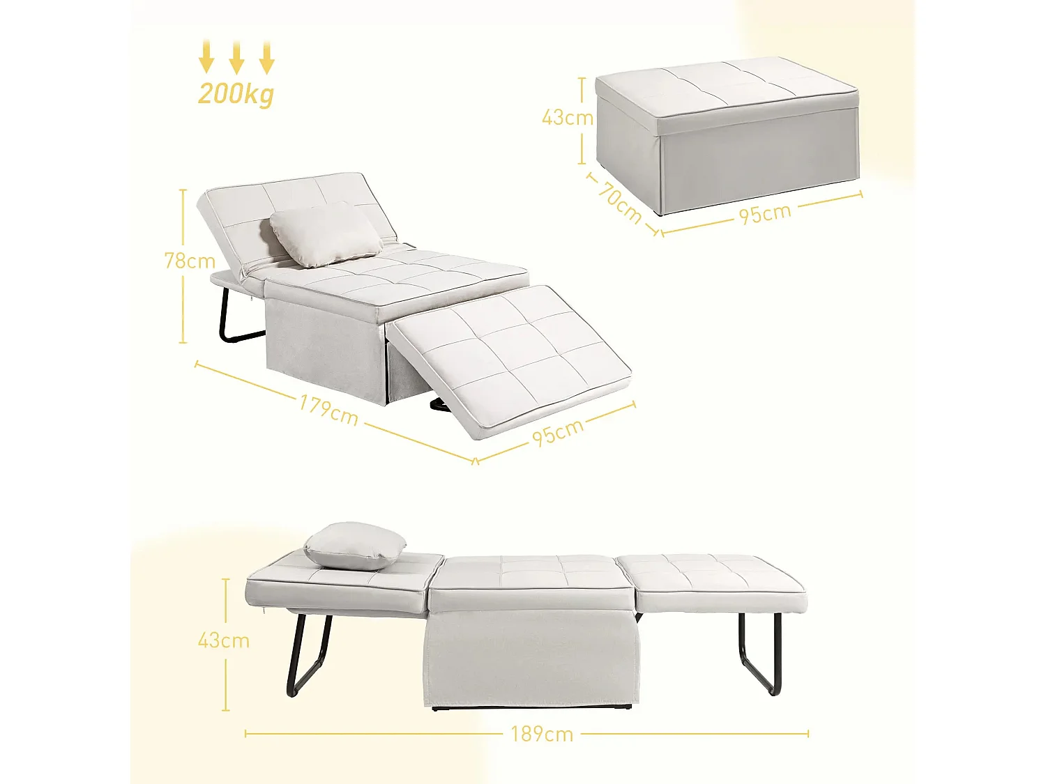 Sillón cama Jaspe Homcom respaldo 5 posiciones con reposapiés crema 78X95X179 cm