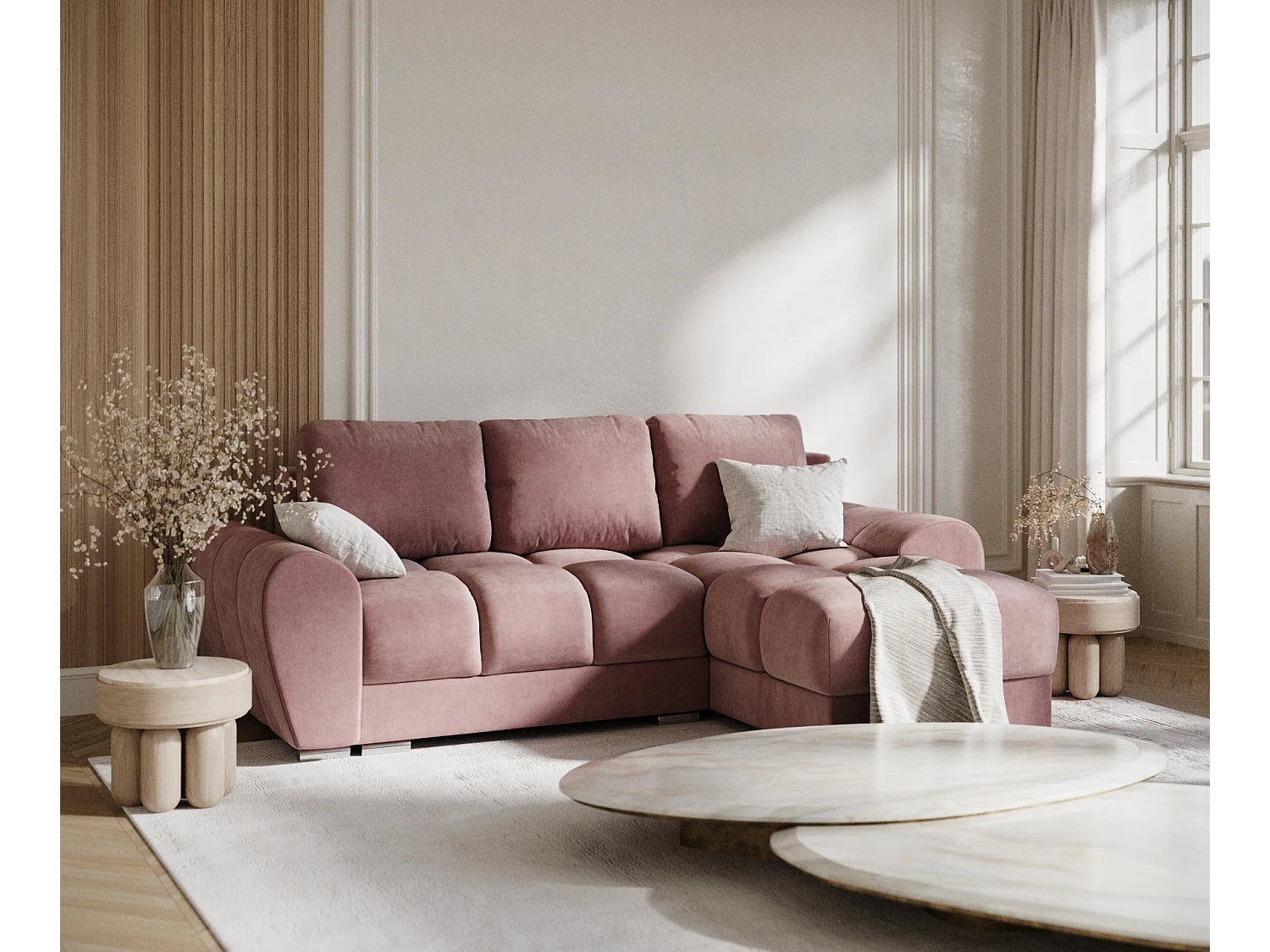 Canapé d'angle en tissu velours Peebles - 4 places - rose