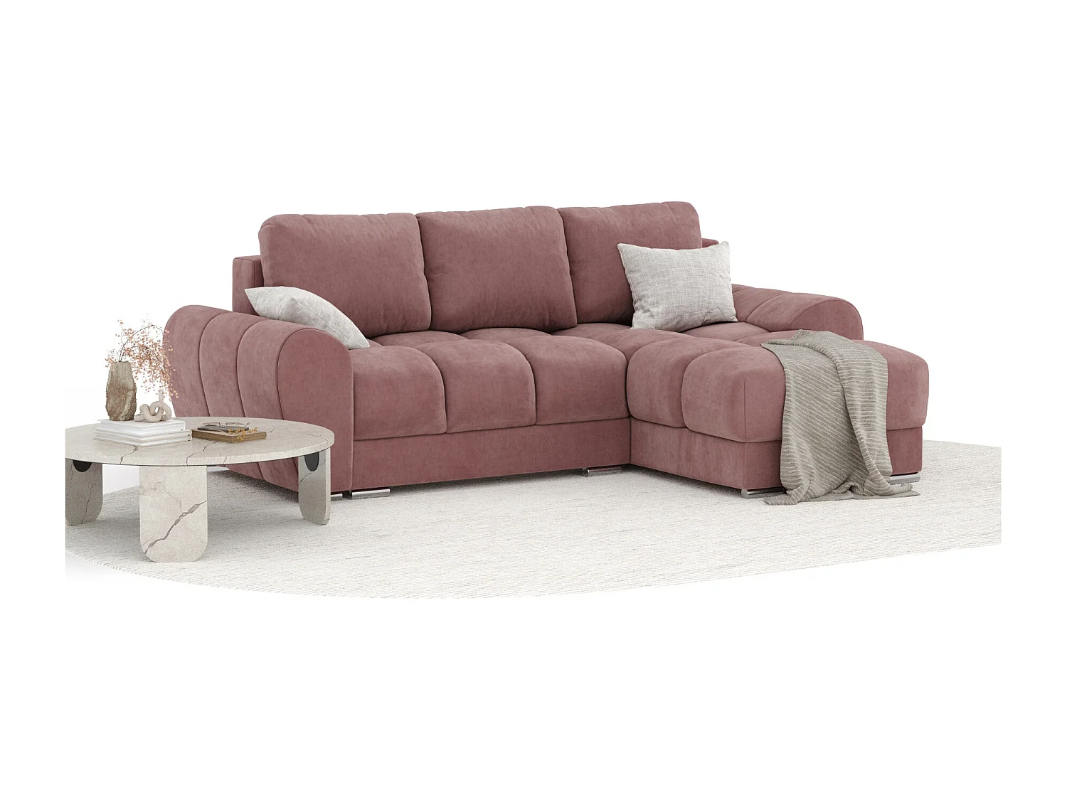 Canapé d'angle en tissu velours Peebles - 4 places - rose