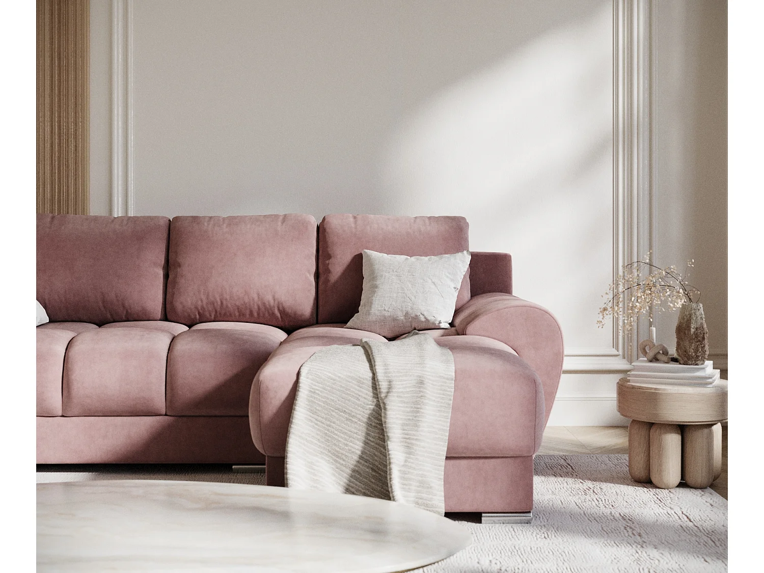 Canapé d'angle en tissu velours Peebles - 4 places - rose