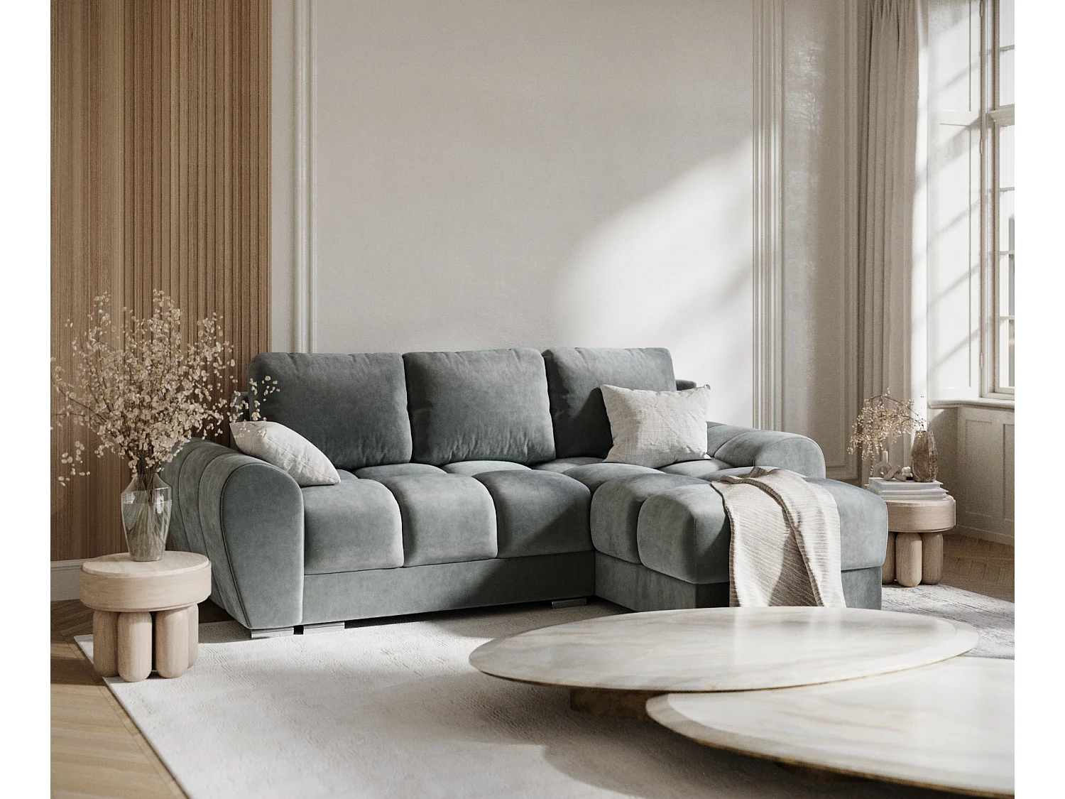 Canapé d'angle en tissu velours Peebles - 4 places - gris