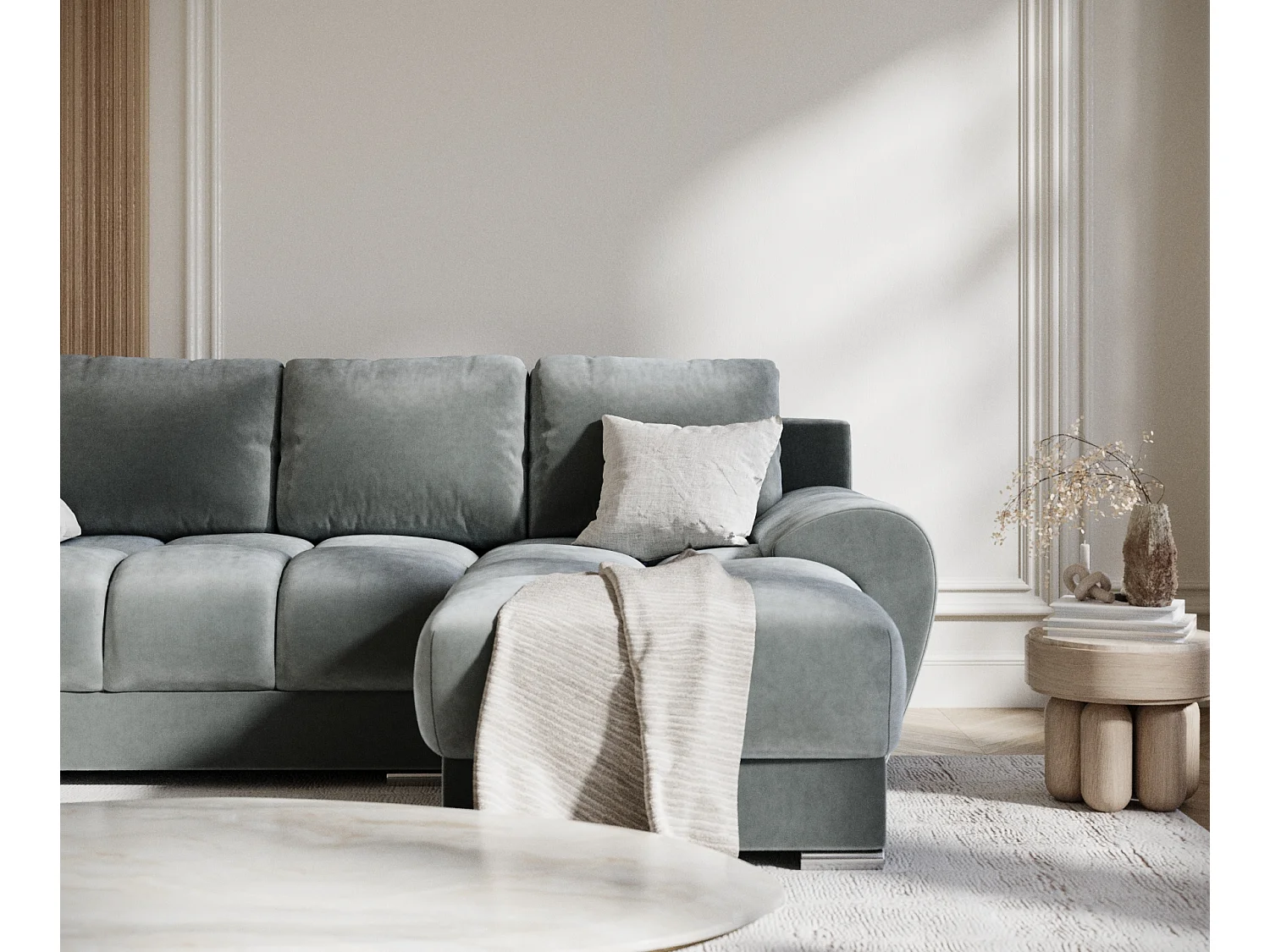 Canapé d'angle en tissu velours Peebles - 4 places - gris