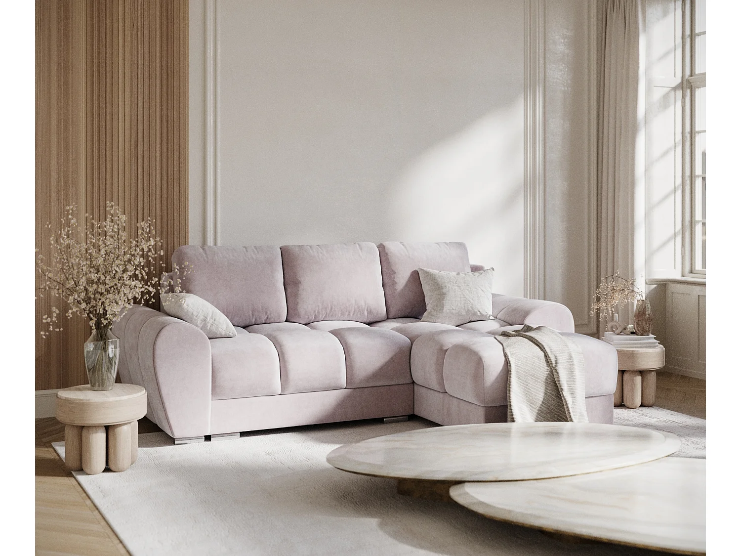 Canapé d'angle en tissu velours Peebles - 4 places - lilas