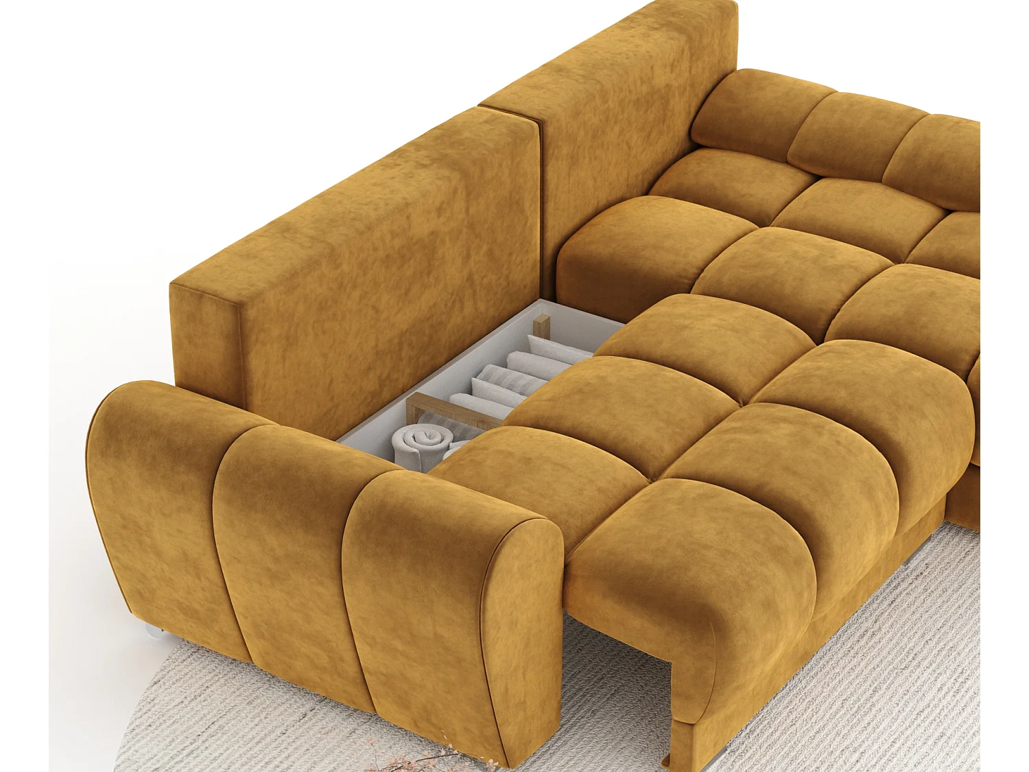 Canapé d'angle en tissu velours Peebles - 4 places - jaune moutarde