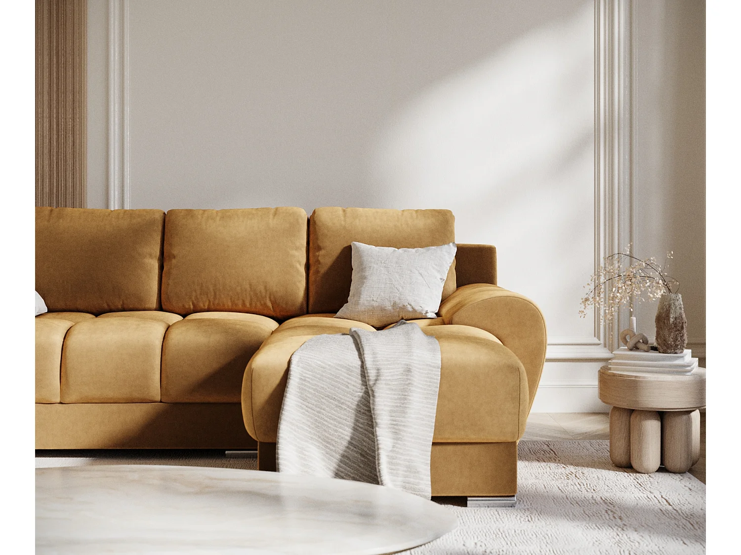 Canapé d'angle en tissu velours Peebles - 4 places - jaune moutarde