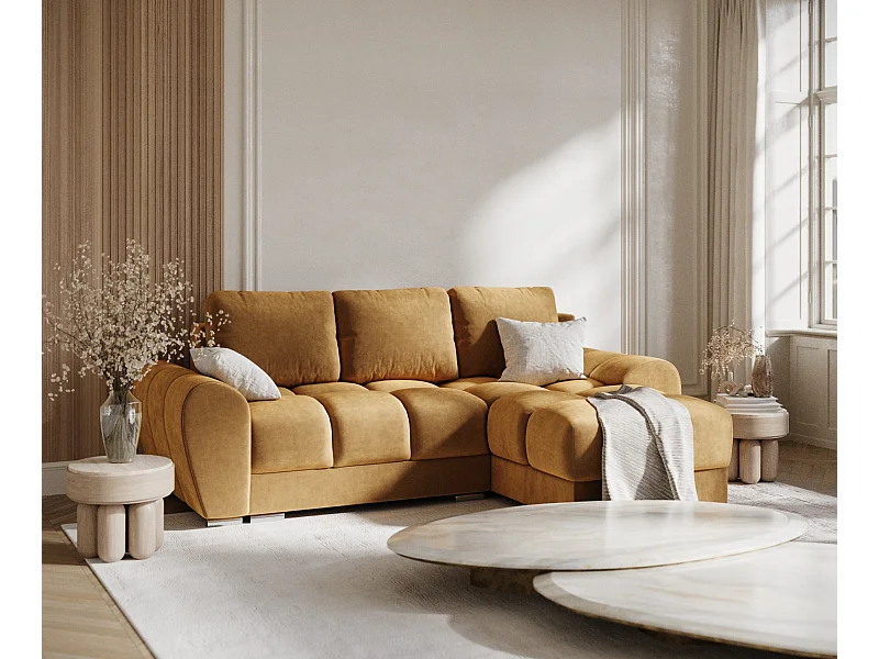 Canapé d'angle en tissu velours Peebles - 4 places - jaune moutarde