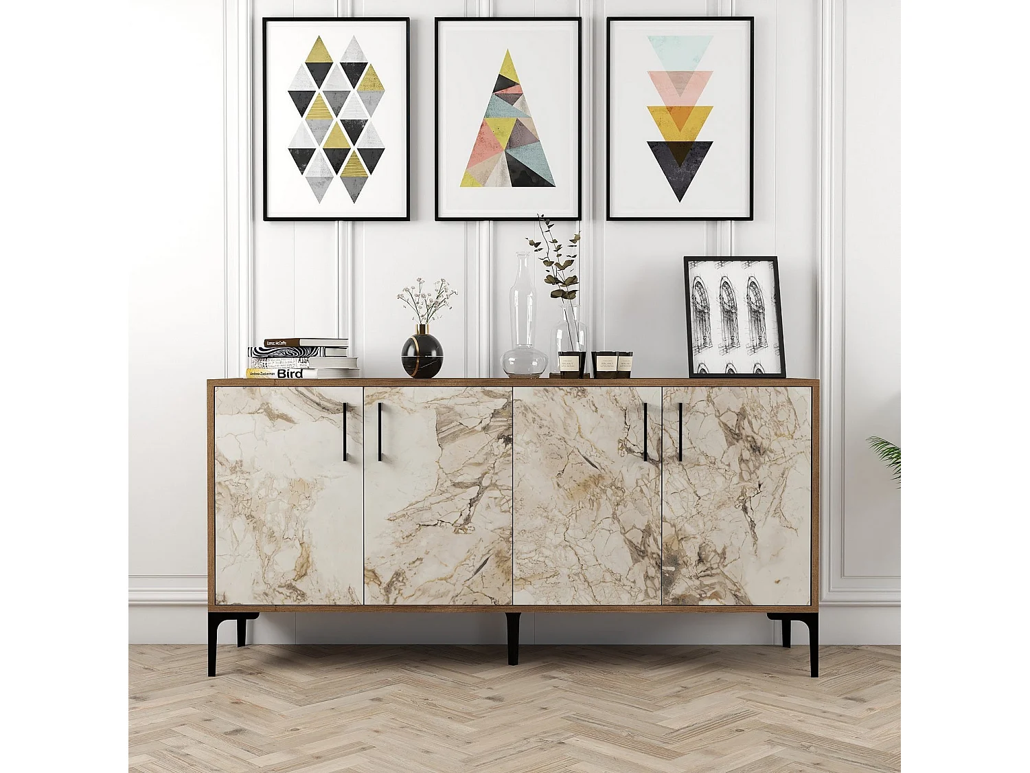Industrielles Sideboard – 160 cm – Walnuss und weißer Marmor – Melamin