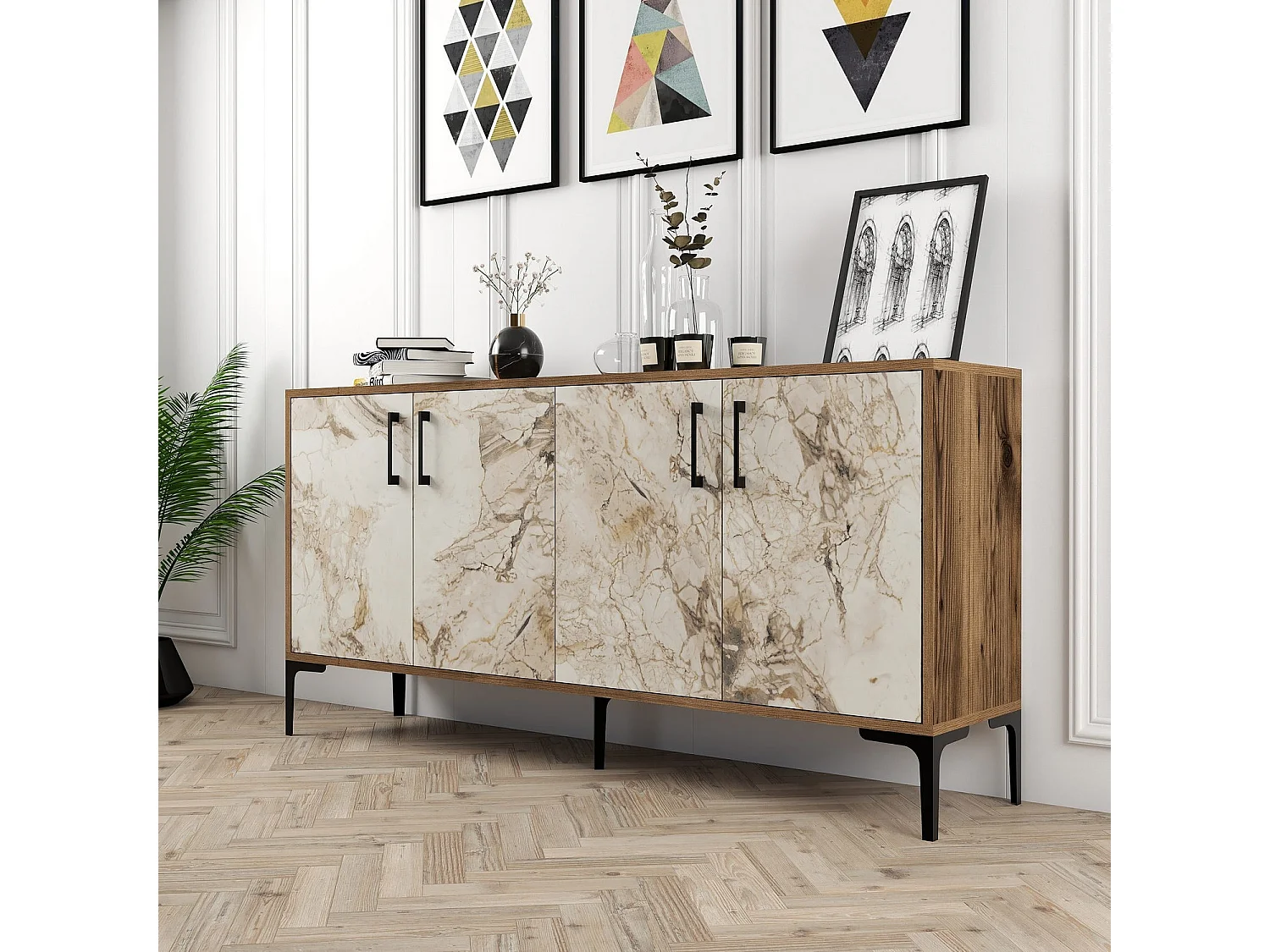 Industrielles Sideboard – 160 cm – Walnuss und weißer Marmor – Melamin