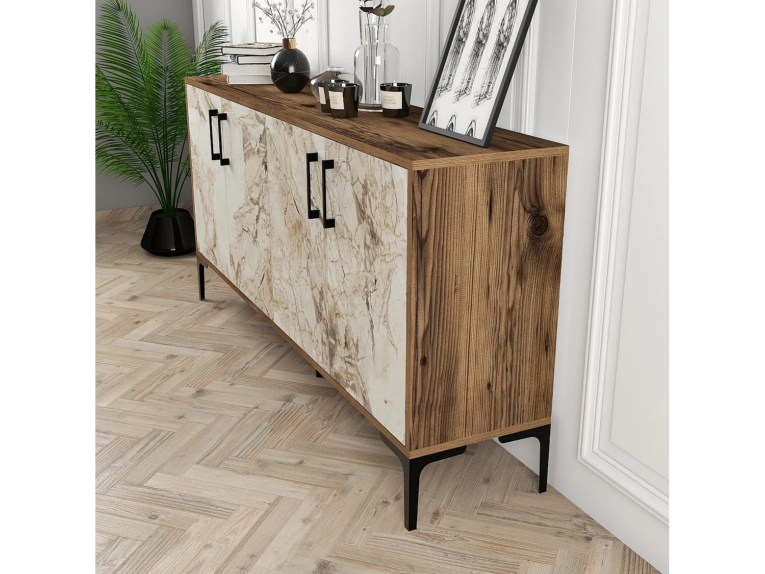 Industrielles Sideboard – 160 cm – Walnuss und weißer Marmor – Melamin