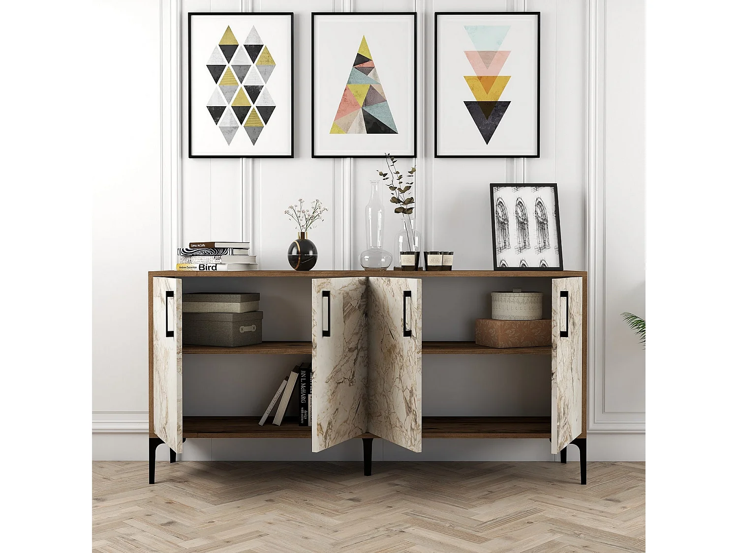Industrielles Sideboard – 160 cm – Walnuss und weißer Marmor – Melamin