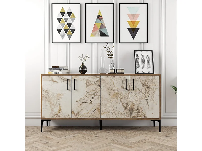 Buffet bas 4 portes Vranus 160cm Bois Naturel et Effet marbre Blanc et Métal Noir