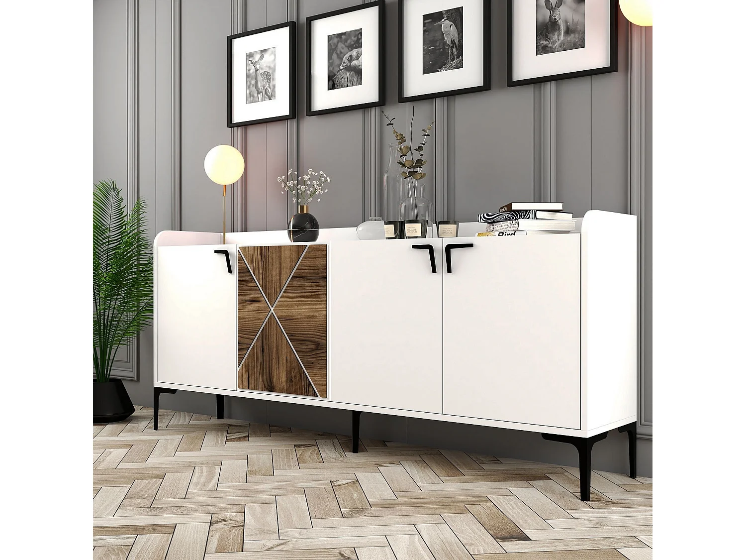 Buffet bas 4 portes Zenger 180cm Bois Naturel et Naturel et Métal Noir