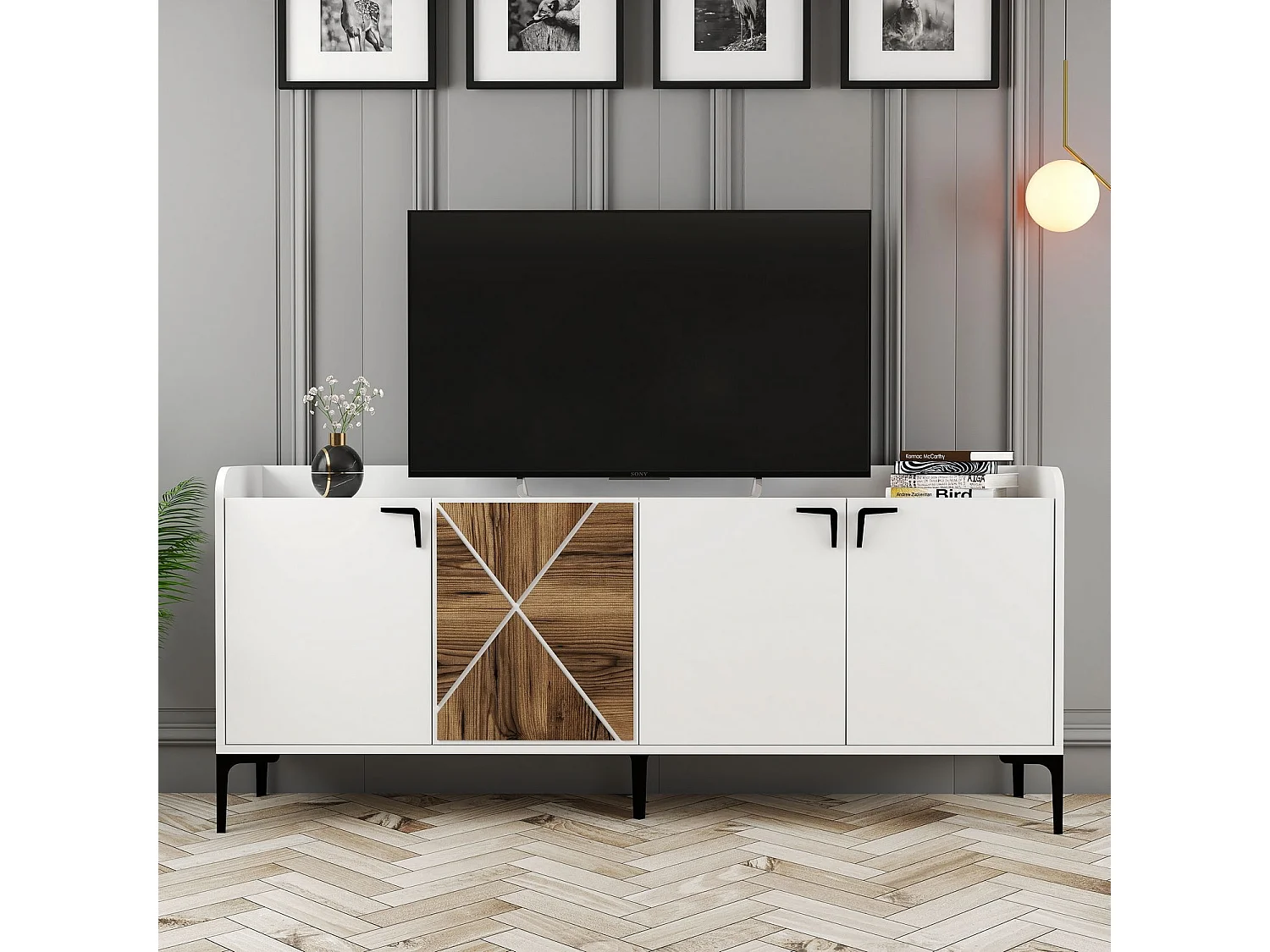 Buffet bas 4 portes Zenger 180cm Bois Naturel et Naturel et Métal Noir