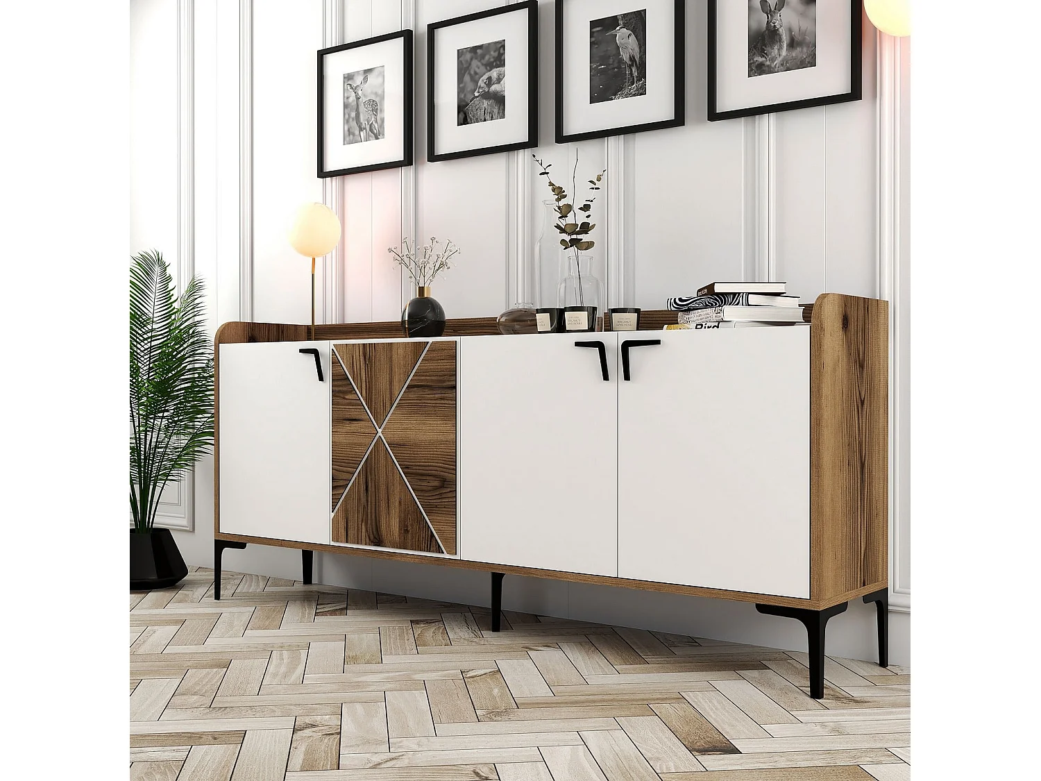 Buffet bas 4 portes Zenger 180cm Bois Naturel et Blanc et Métal Noir