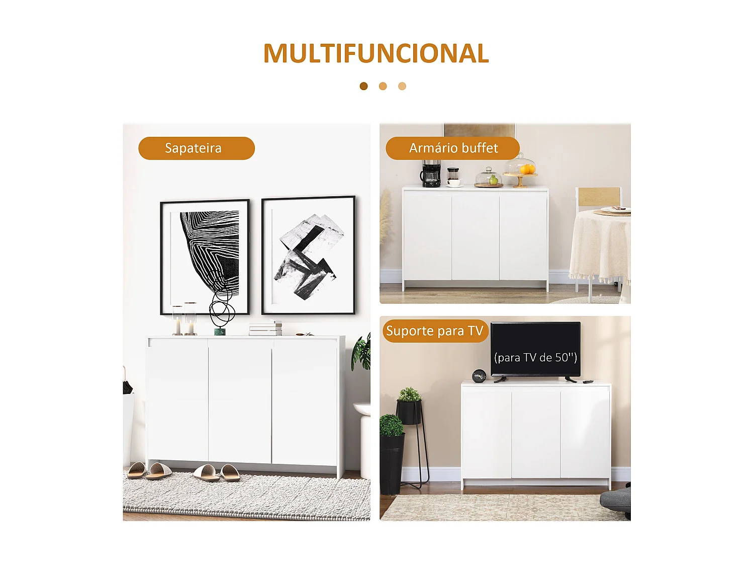 Aparador de Cozinha Moderno HOMCOM com 3 Portas e Prateleiras Ajustáveis em Branco