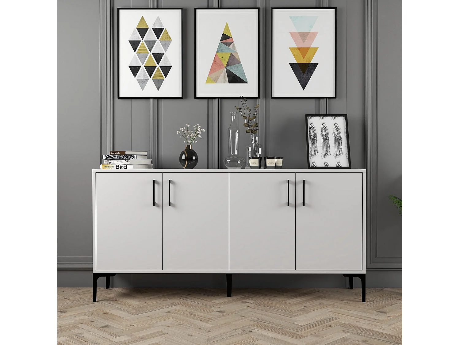 Buffet bas 4 portes Vranus 160cm Bois Blanc et Métal Noir