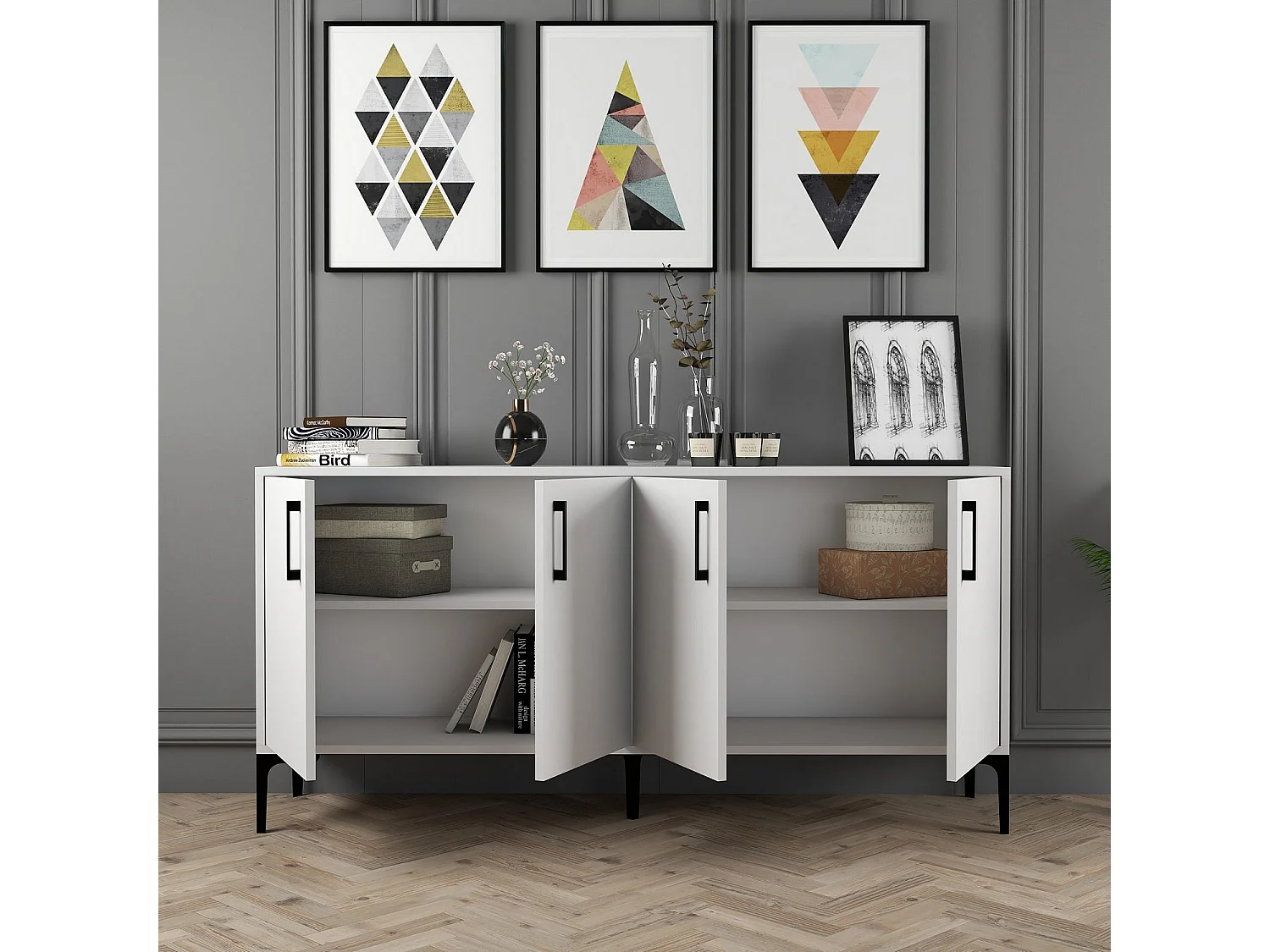 Buffet bas 4 portes Vranus 160cm Bois Blanc et Métal Noir