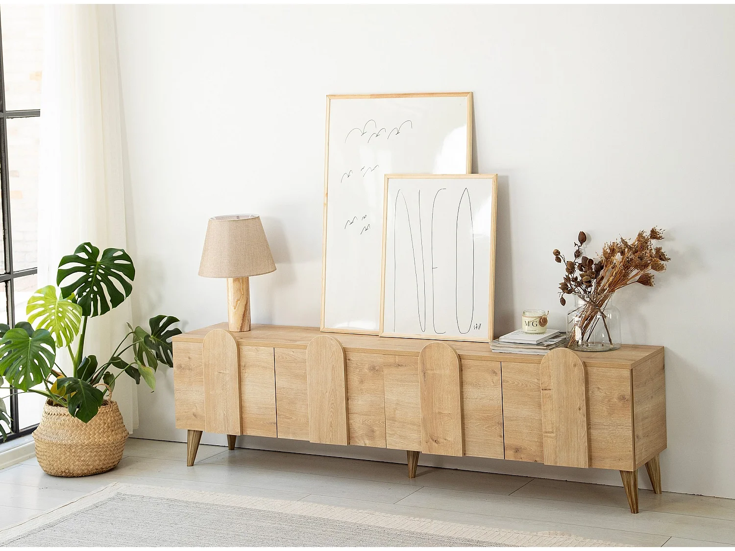 Meuble de rangement en bois 4 portes battantes Robas 180cm-Couleur Marron clair