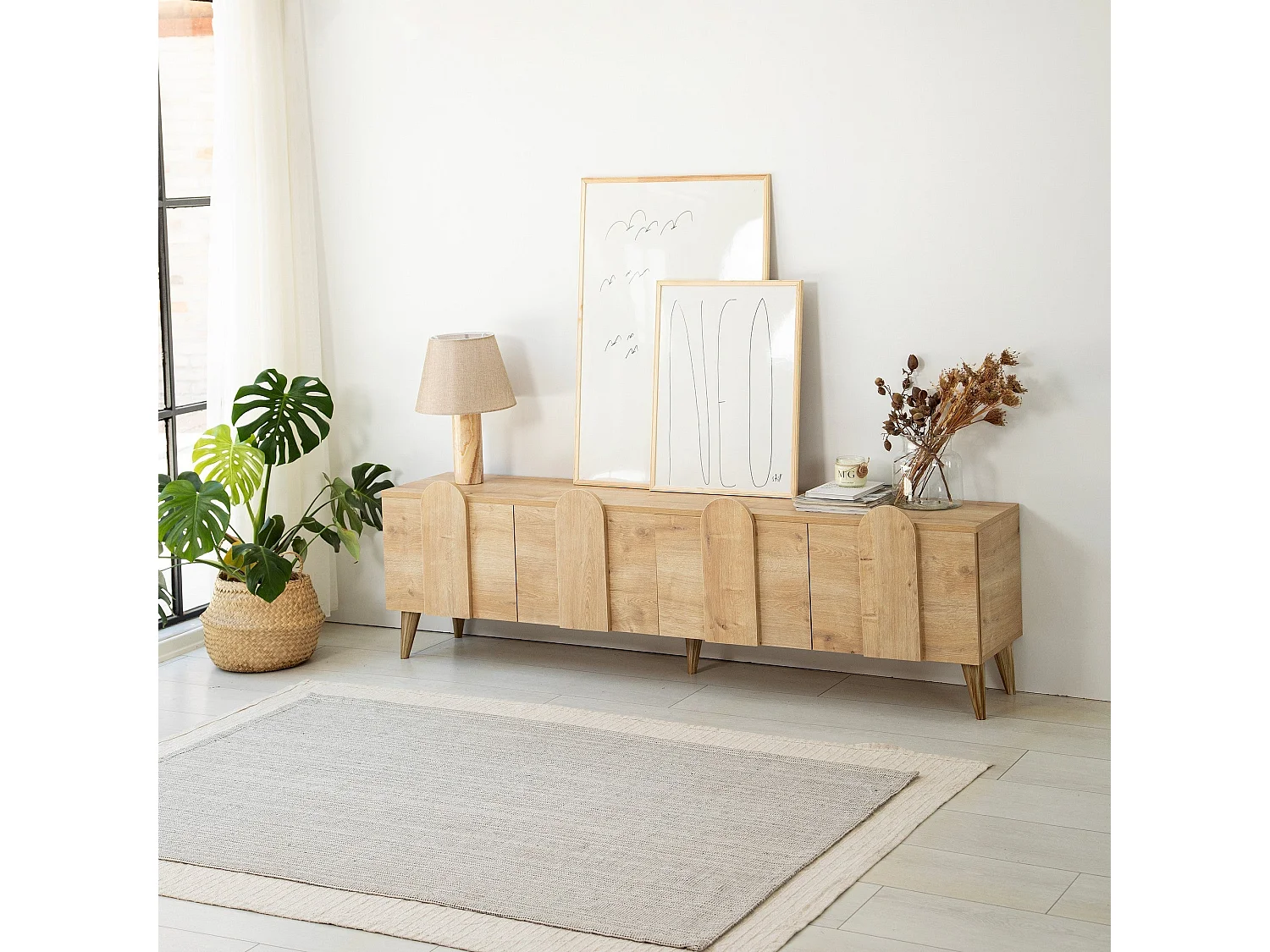 Meuble de rangement en bois 4 portes battantes Robas 180cm-Couleur Marron clair