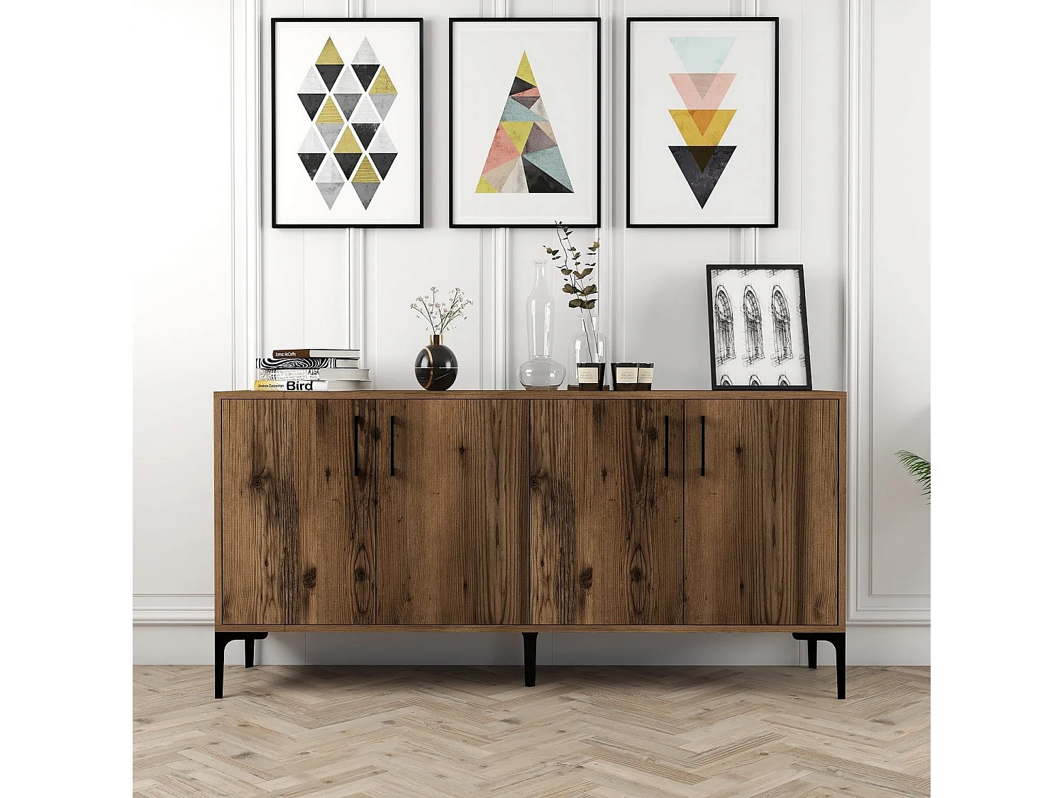 Buffet bas 4 portes Vranus 160cm Bois Naturel et Métal Noir