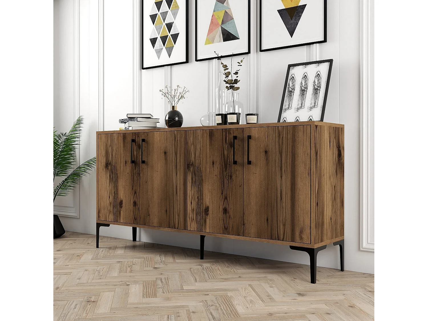 Buffet bas 4 portes Vranus 160cm Bois Naturel et Métal Noir