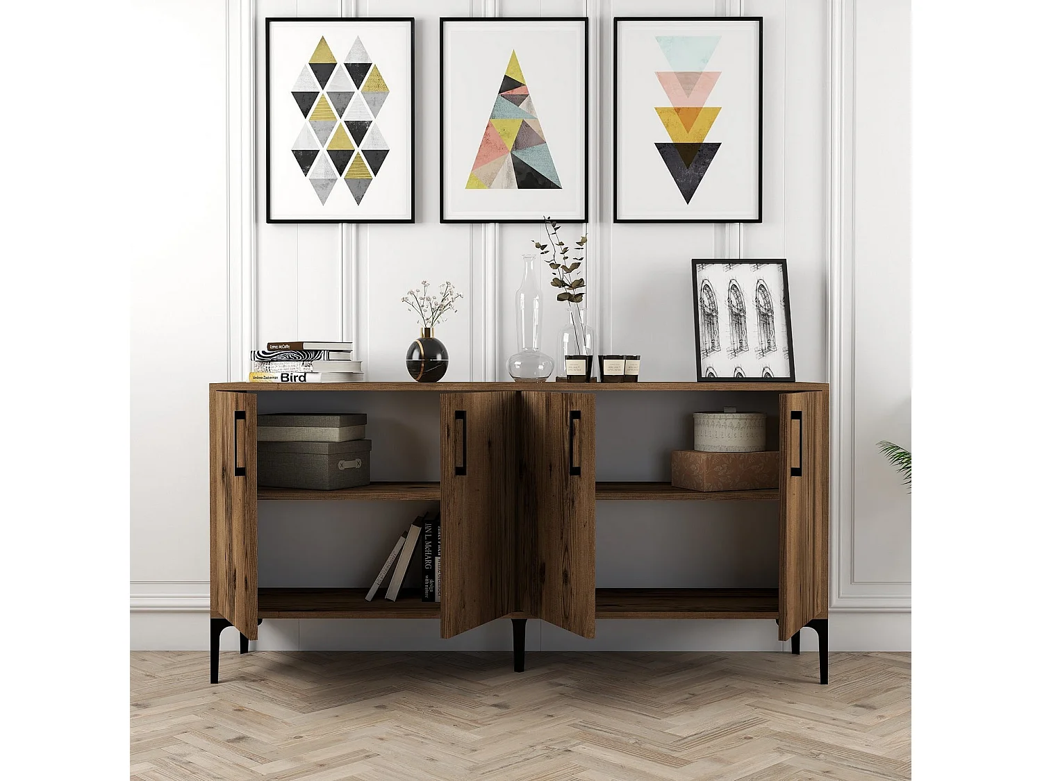 Buffet bas 4 portes Vranus 160cm Bois Naturel et Métal Noir