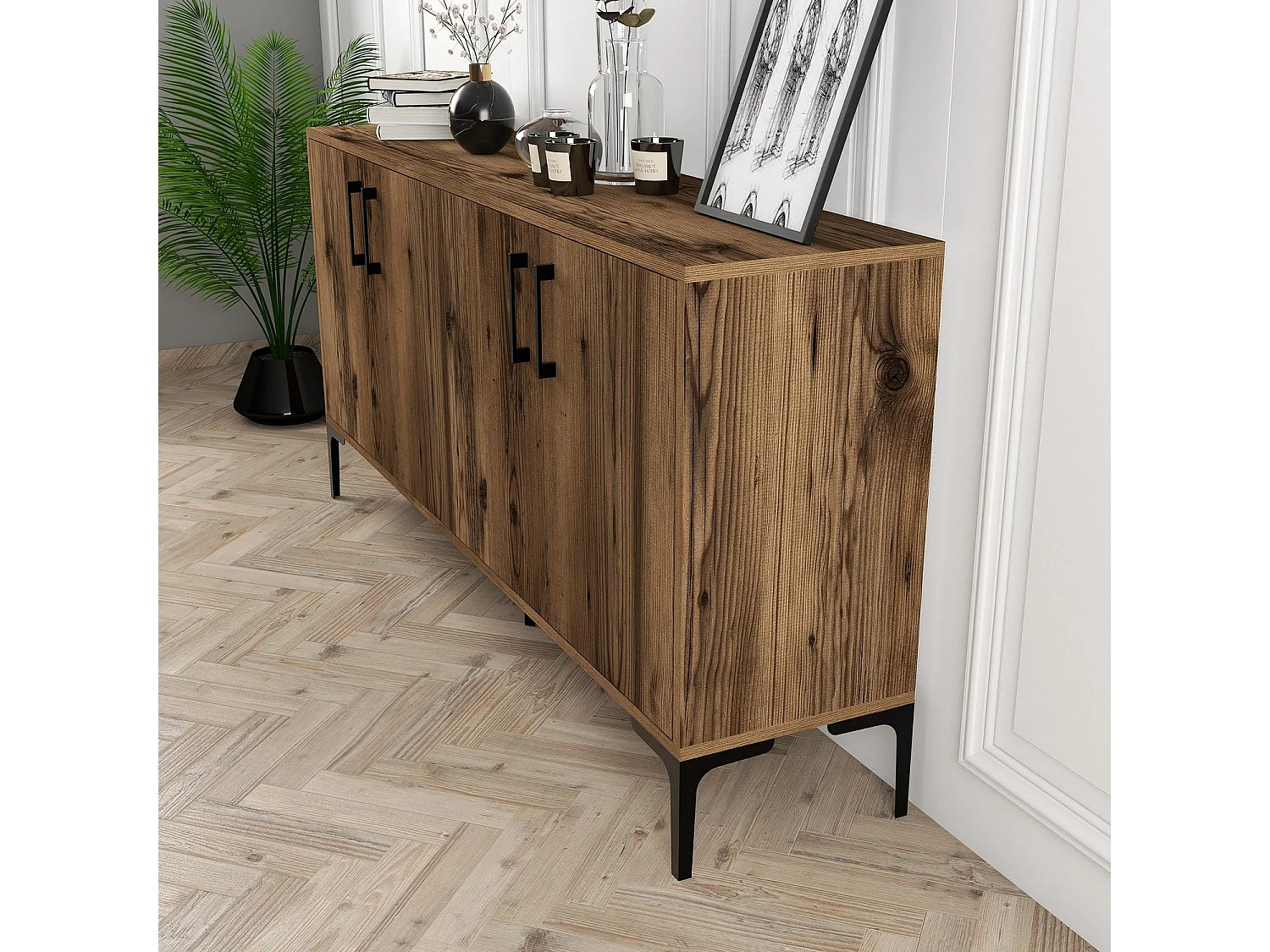 Buffet bas 4 portes Vranus 160cm Bois Naturel et Métal Noir