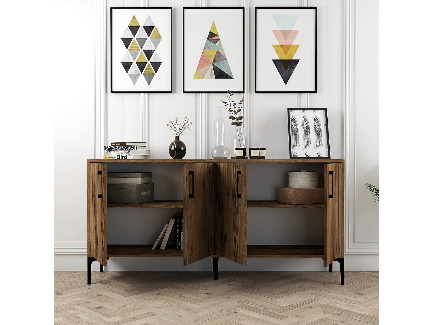 Buffet bas 4 portes Vranus 160cm Bois Naturel et Métal Noir