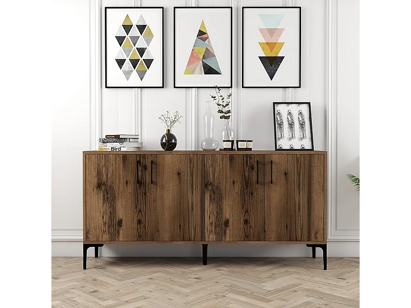 Buffet bas 4 portes Vranus 160cm Bois Naturel et Métal Noir