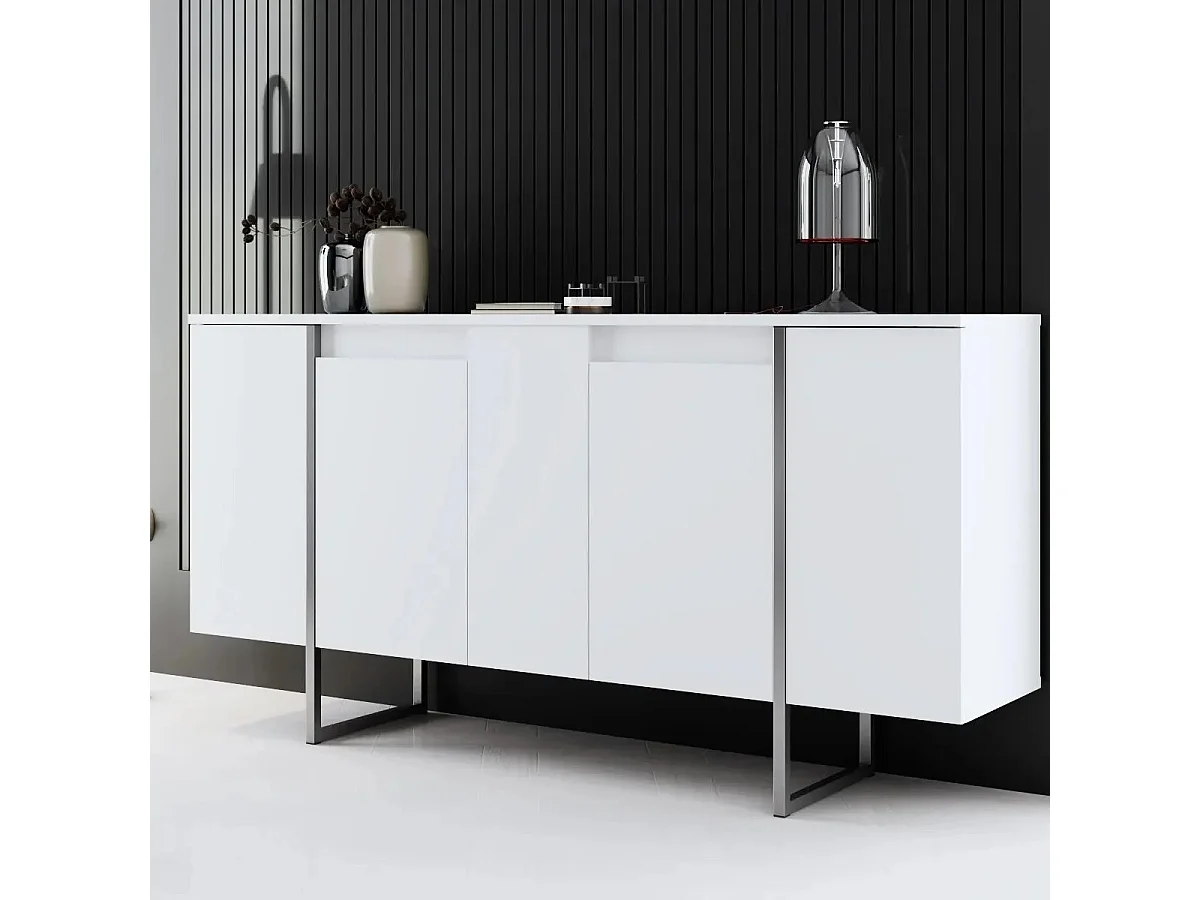 Komoda – 160 x 35 x 80 cm – Kolor biały i srebrny – Płyta wiórowa pokryta melaminą