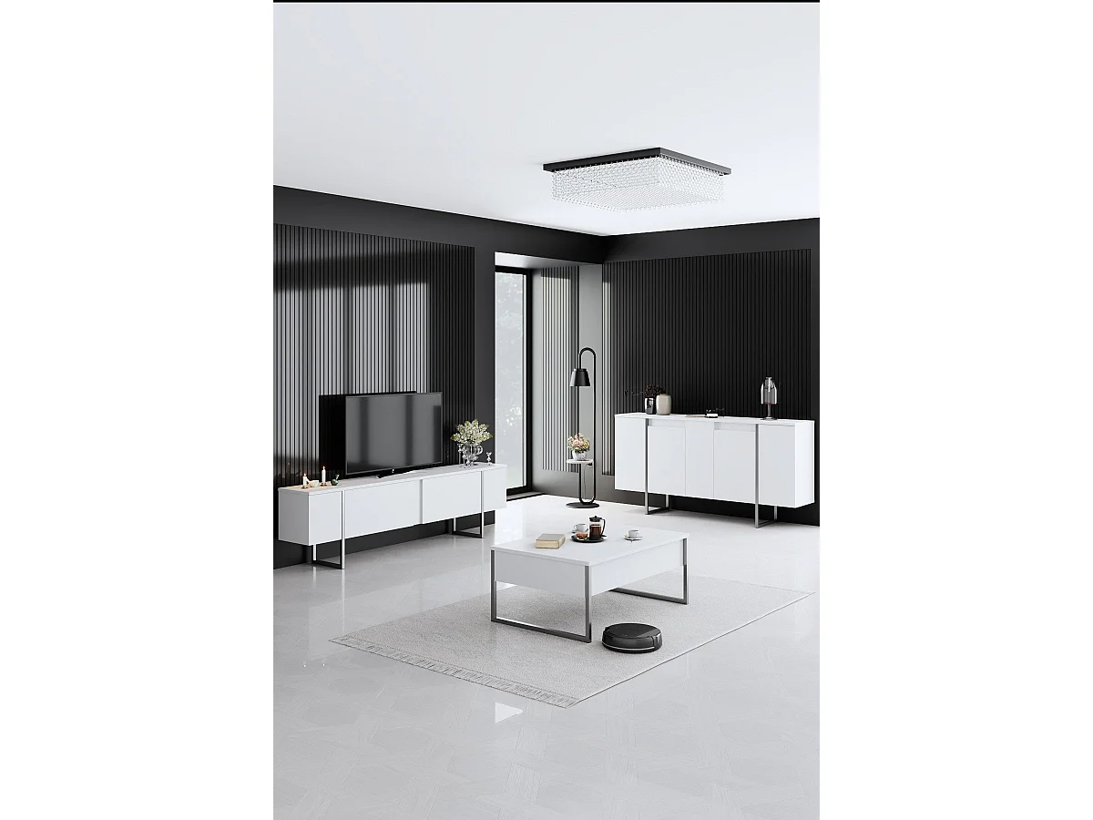 Komoda – 160 x 35 x 80 cm – Kolor biały i srebrny – Płyta wiórowa pokryta melaminą