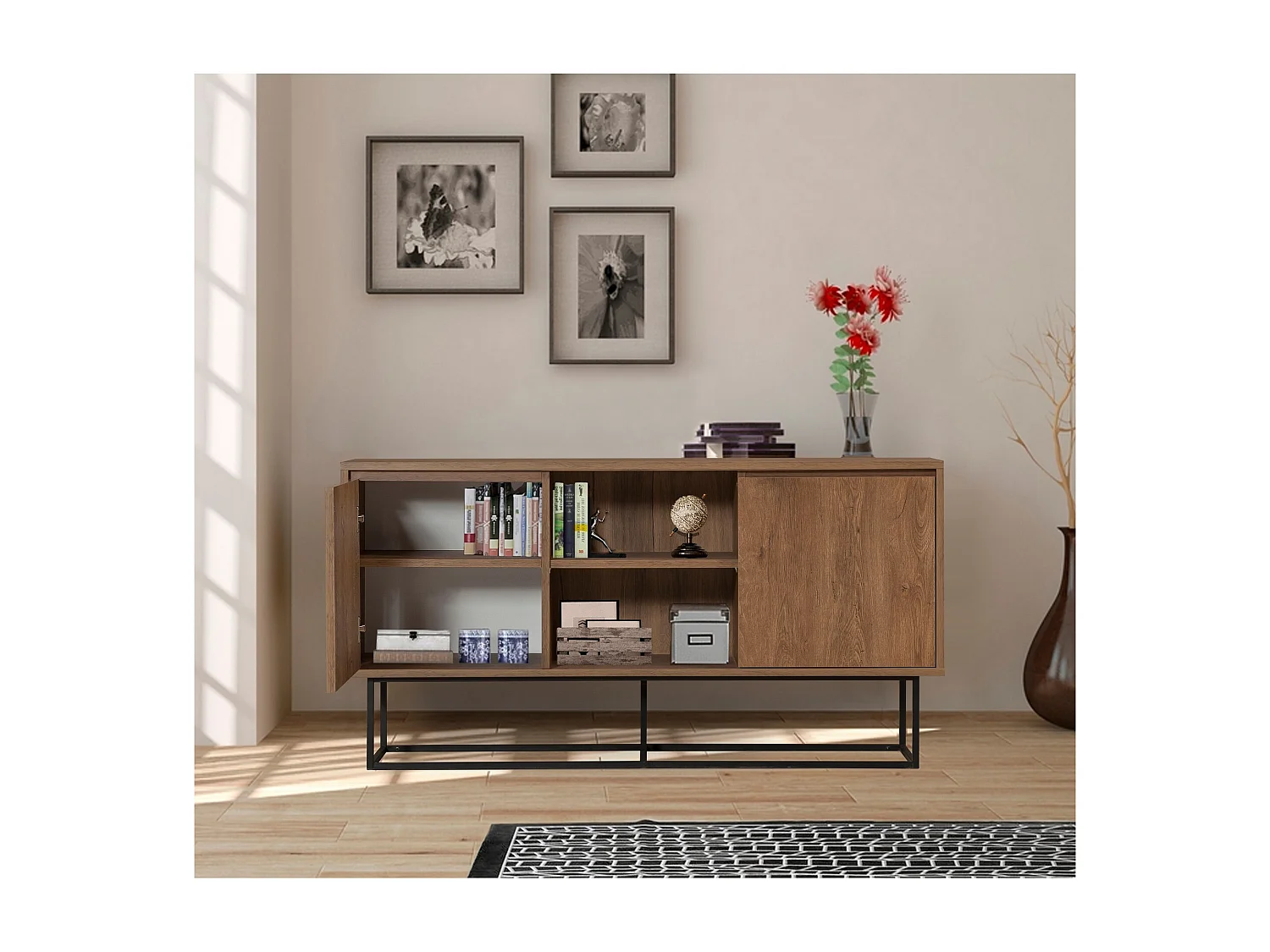 Modern dressoir – 140 x 72 x 36 cm – Walnoot en zwart – 100% melamine gecoat spaanplaat