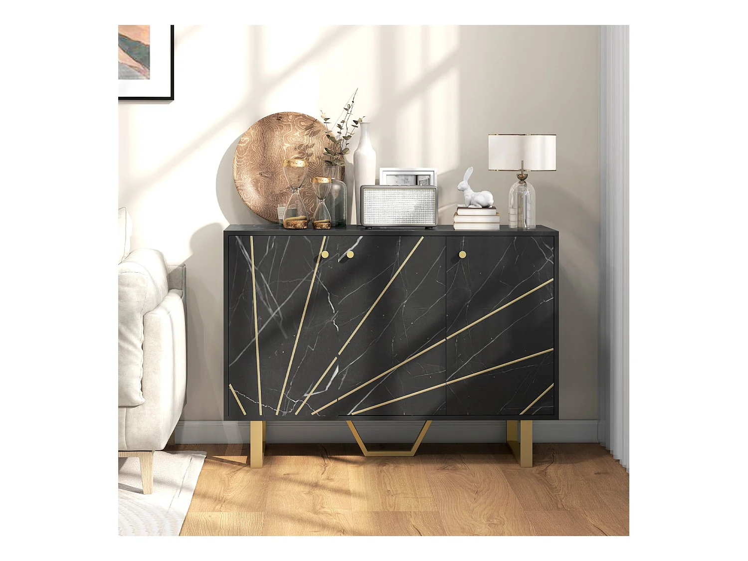 Aparador Gatsby Homcom 2 armarios + estantes ajustables negro/dorado 75x107x35 cm