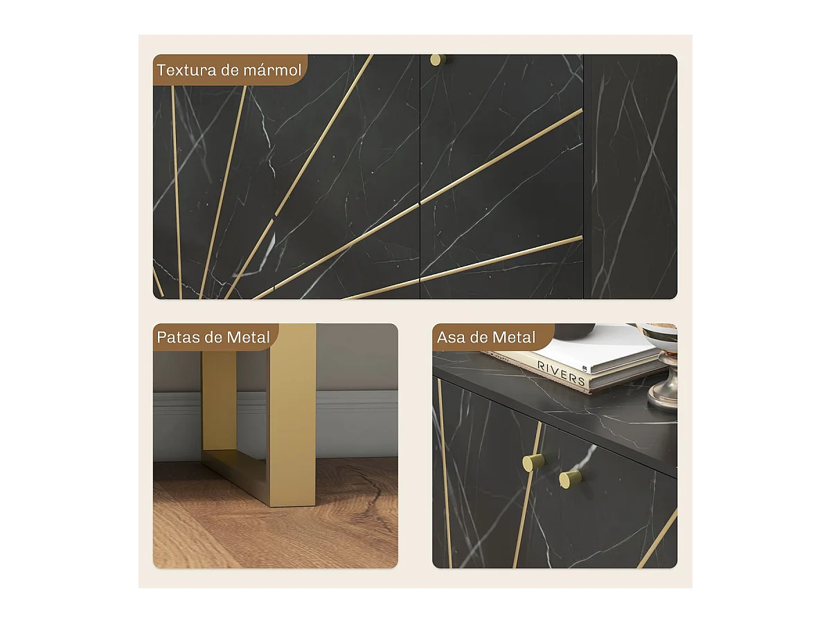 Aparador Gatsby Homcom 2 armarios + estantes ajustables negro/dorado 75x107x35 cm