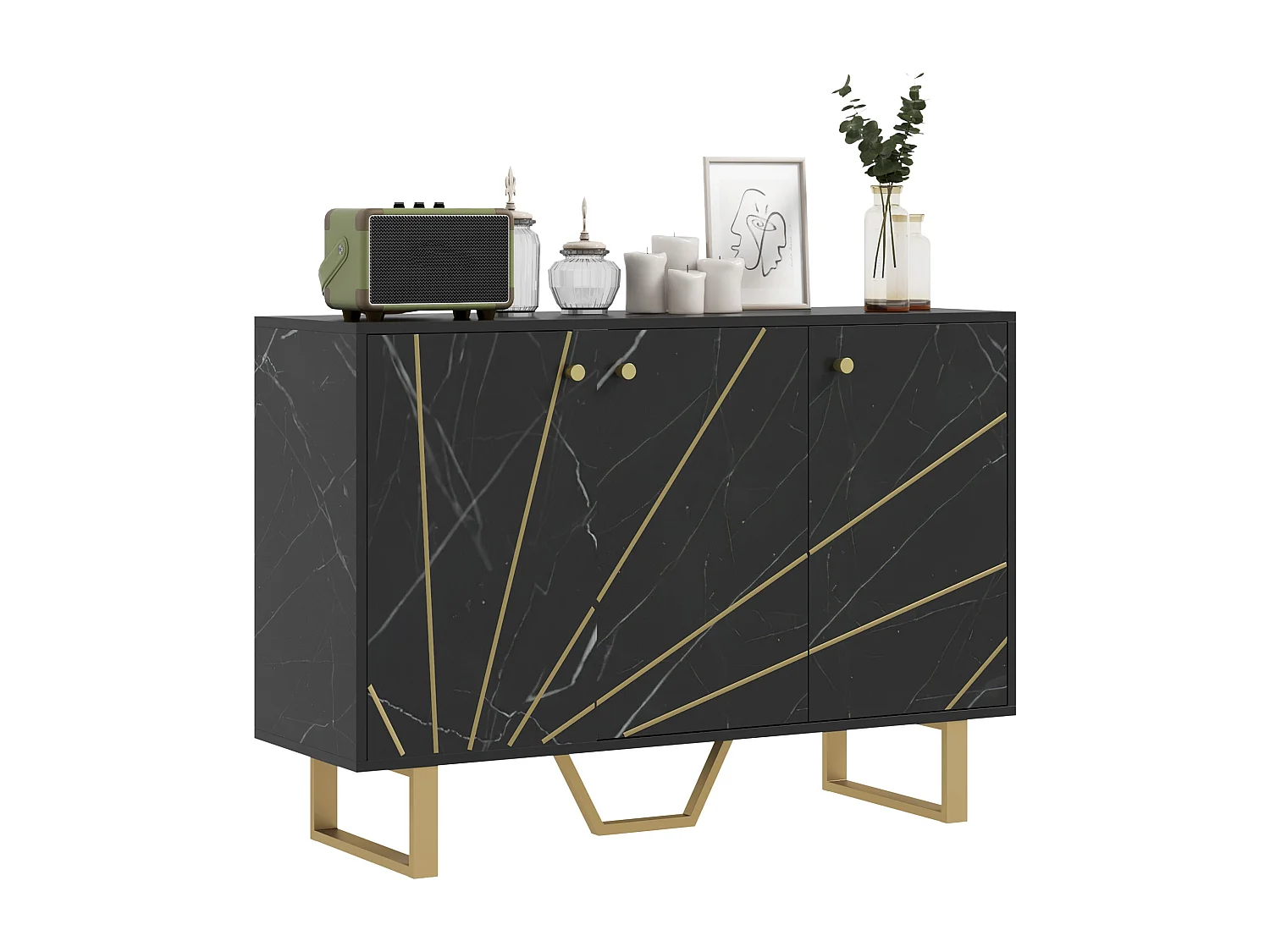 HOMCOM Aparador de Sala de Estar com 2 Armários e Prateleira Interior Ajustável Móvel Buffet com Efeito Mármore 107x35x75 cm Preto e Dourado