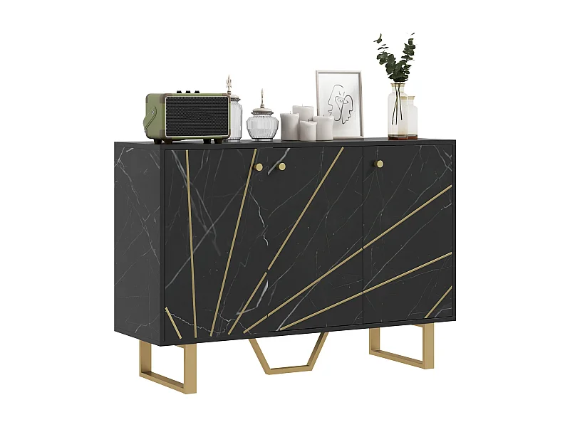 HOMCOM Aparador de Sala de Estar com 2 Armários e Prateleira Interior Ajustável Móvel Buffet com Efeito Mármore 107x35x75 cm Preto e Dourado