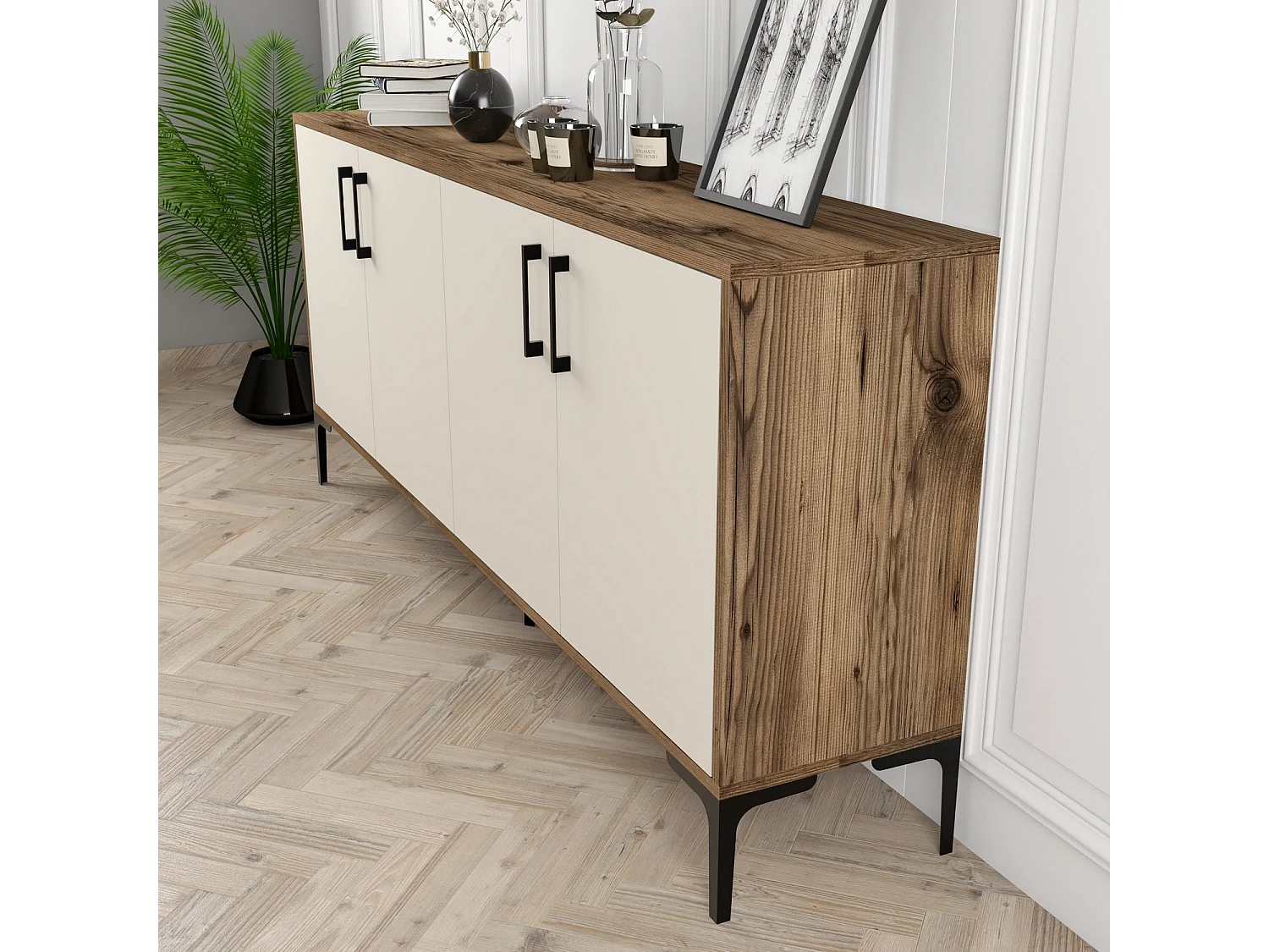 Buffet bas 4 portes Vranus 180cm Bois Naturel et Blanc crème et Métal Noir