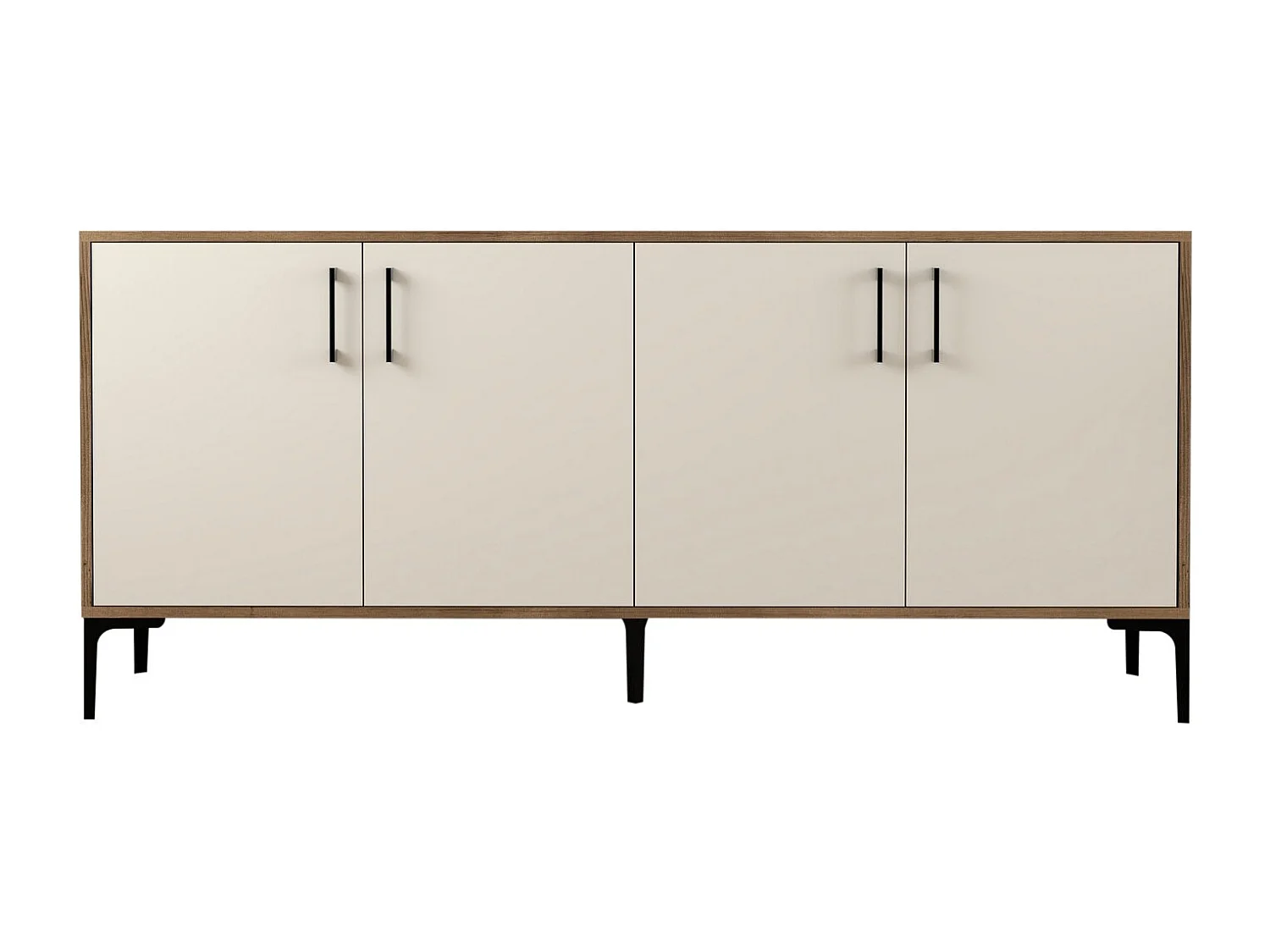 Buffet bas 4 portes Vranus 180cm Bois Naturel et Blanc crème et Métal Noir