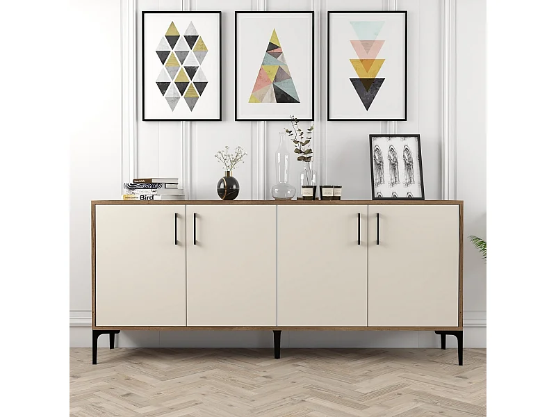 Buffet bas 4 portes Vranus 180cm Bois Naturel et Blanc crème et Métal Noir