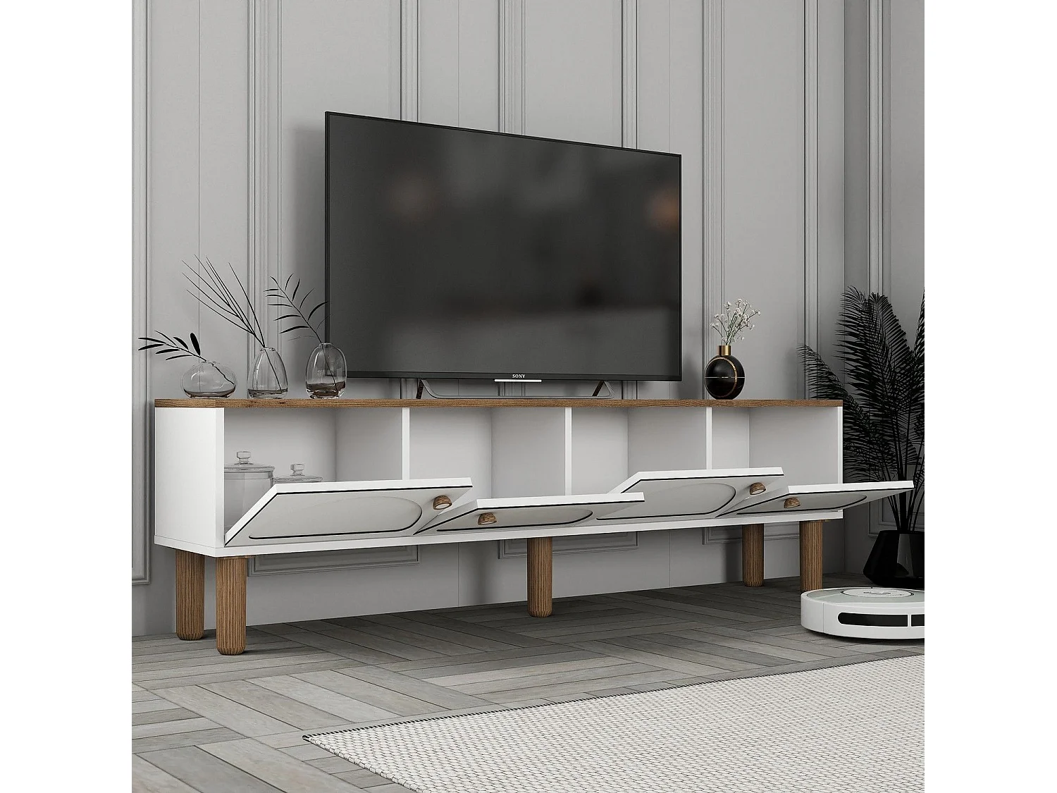 Meuble Tv design 4 portes basculantes Deva L180cm Blanc