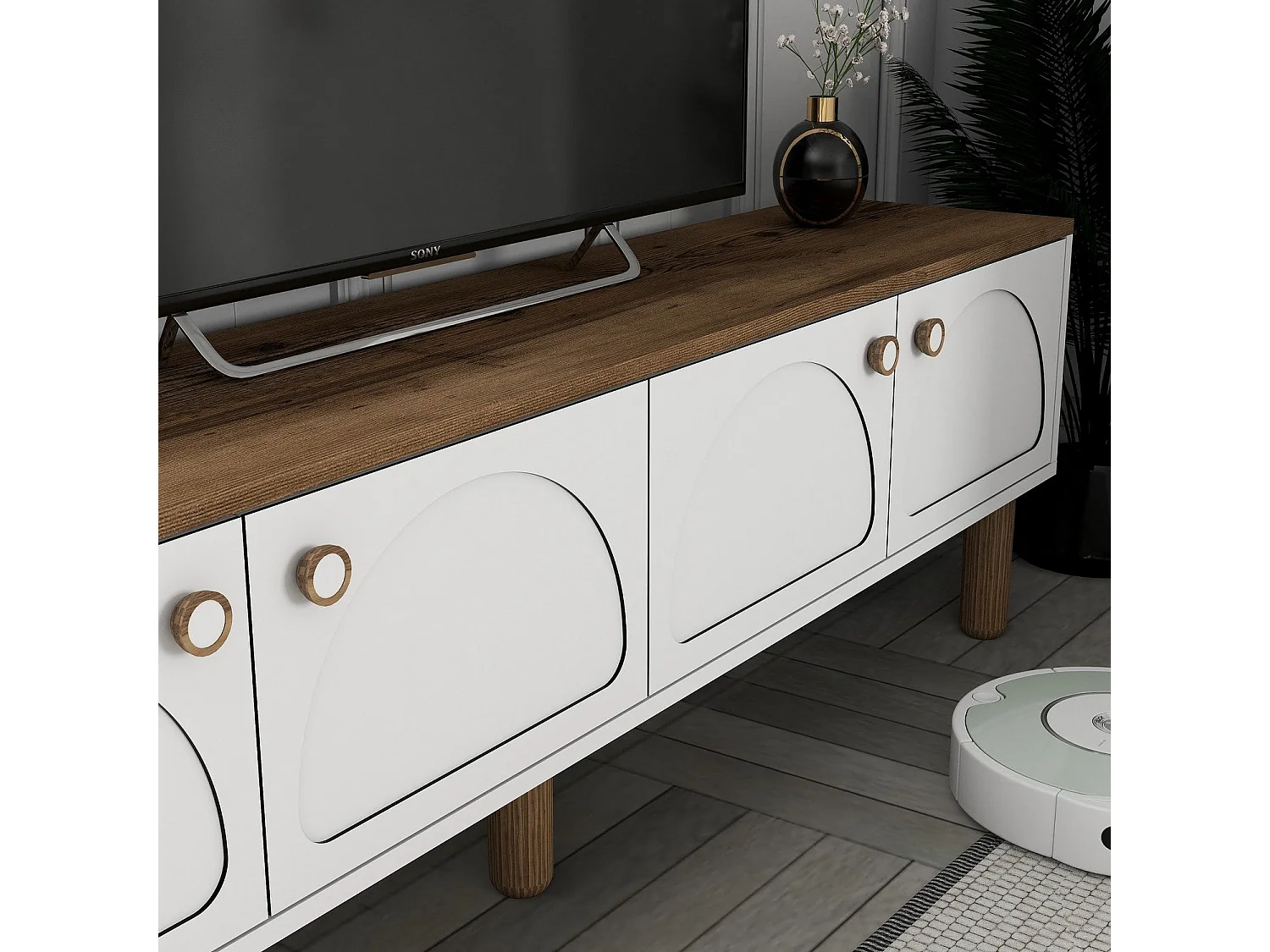 Meuble Tv design 4 portes basculantes Deva L180cm Blanc