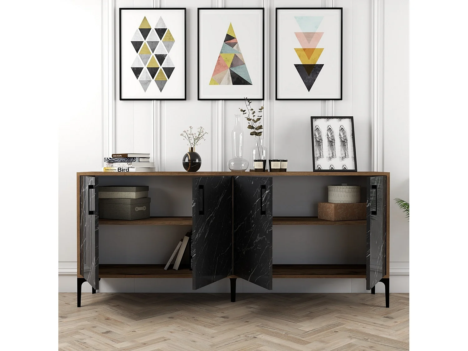 Buffet bas 4 portes Vranus 180cm Bois Naturel et Noir effet marbre et Métal Noir