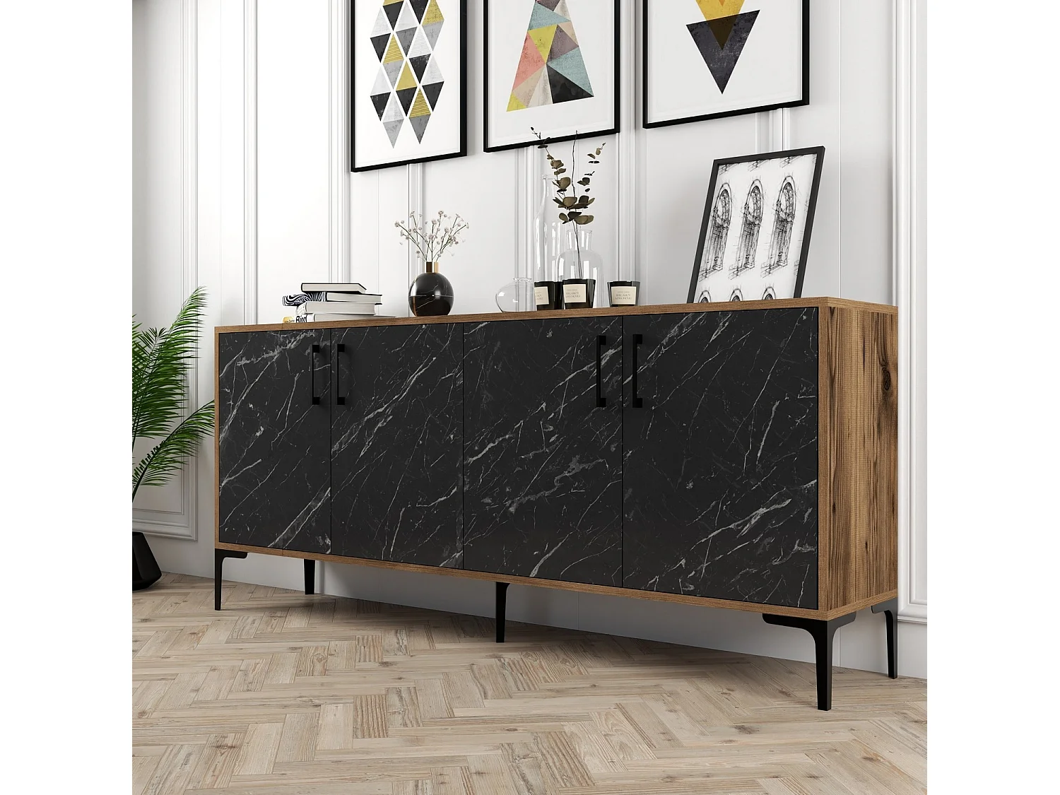Buffet bas 4 portes Vranus 180cm Bois Naturel et Noir effet marbre et Métal Noir