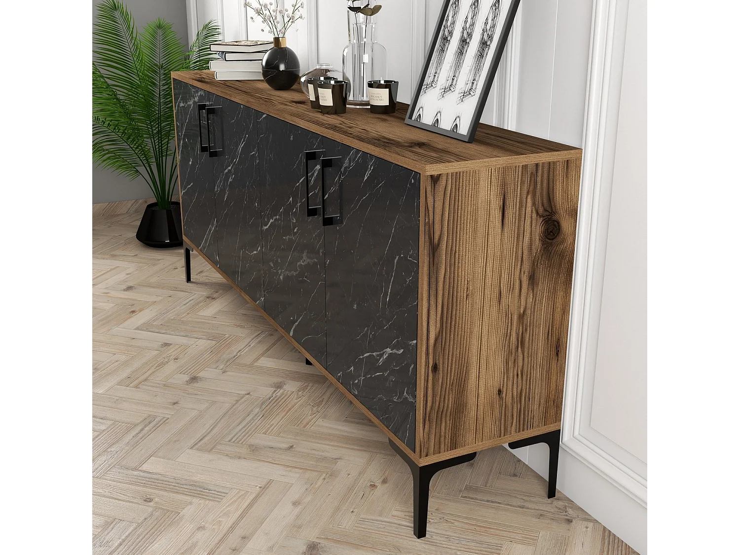Buffet bas 4 portes Vranus 180cm Bois Naturel et Noir effet marbre et Métal Noir